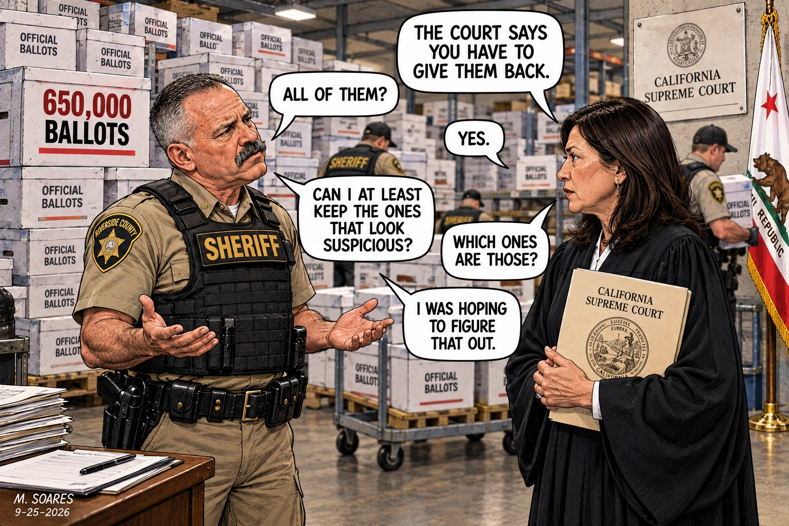 Editorial cartoon in a ballot warehouse. A California court official orders 650,000 ballots returned while a Riverside County sheriff asks to keep the suspicious ones, then admits he was hoping to figure out which ones those are.