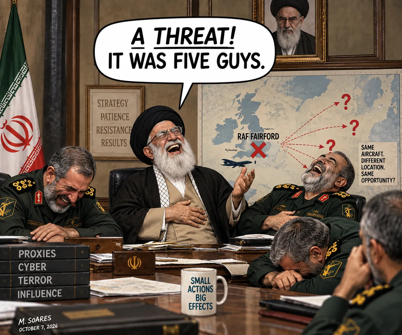 Editorial cartoon in an Iranian strategy meeting. The Ayatollah and military commanders are doubled over laughing around a conference table. A map behind them marks RAF Fairford and possible bomber destinations. The Ayatollah says, A threat! It was five guys.