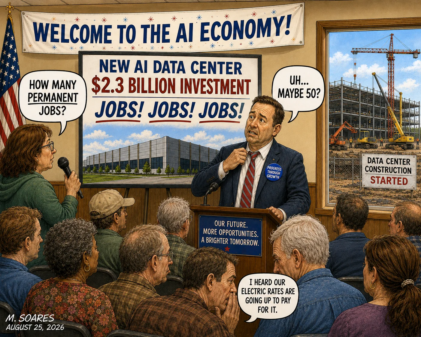 Editorial cartoon showing a $2.3 billion AI data center announcement where a reporter asks how many permanent jobs it will create and the speaker answers, “Uh… maybe 50?”