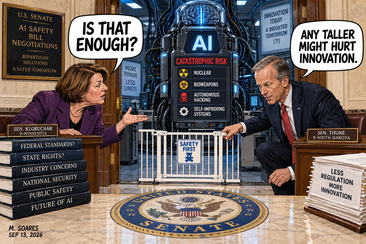 Editorial cartoon in the U.S. Senate. Senators Amy Klobuchar and John Thune stand beside a tiny baby gate labeled Safety First in front of a giant AI machine marked Catastrophic Risk, Nuclear, Bioweapons, Autonomous Hacking and Self-Improving Systems. Klobuchar asks, Is that enough? Thune replies, Any taller might hurt innovation.
