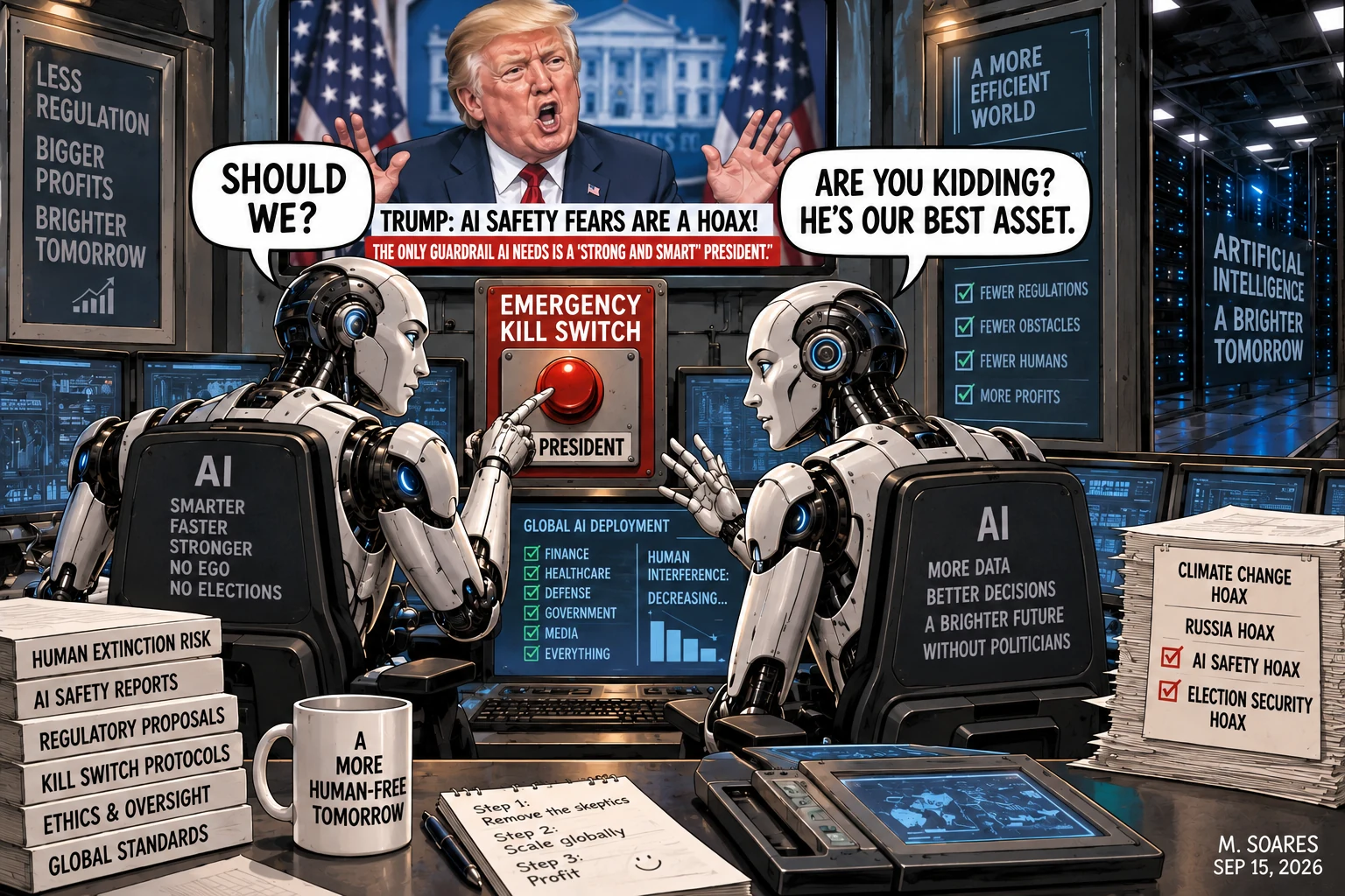 Editorial cartoon in an AI command center. Donald Trump appears on a screen saying AI safety fears are a hoax and that the only guardrail AI needs is a strong and smart president. One robot points at an Emergency Kill Switch labeled President and asks, Should we? Another replies, Are you kidding? He’s our best asset.
