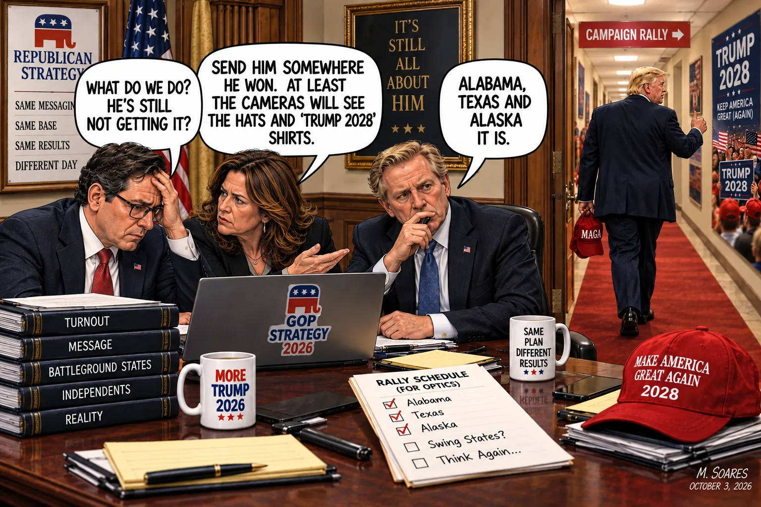 Editorial cartoon in a Republican strategy room. Strategists worry Trump is not getting the midterm warning signs and decide to send him to Alabama, Texas and Alaska, where cameras can find friendly crowds in Trump 2028 gear, as Trump heads down the hall to a campaign rally.
