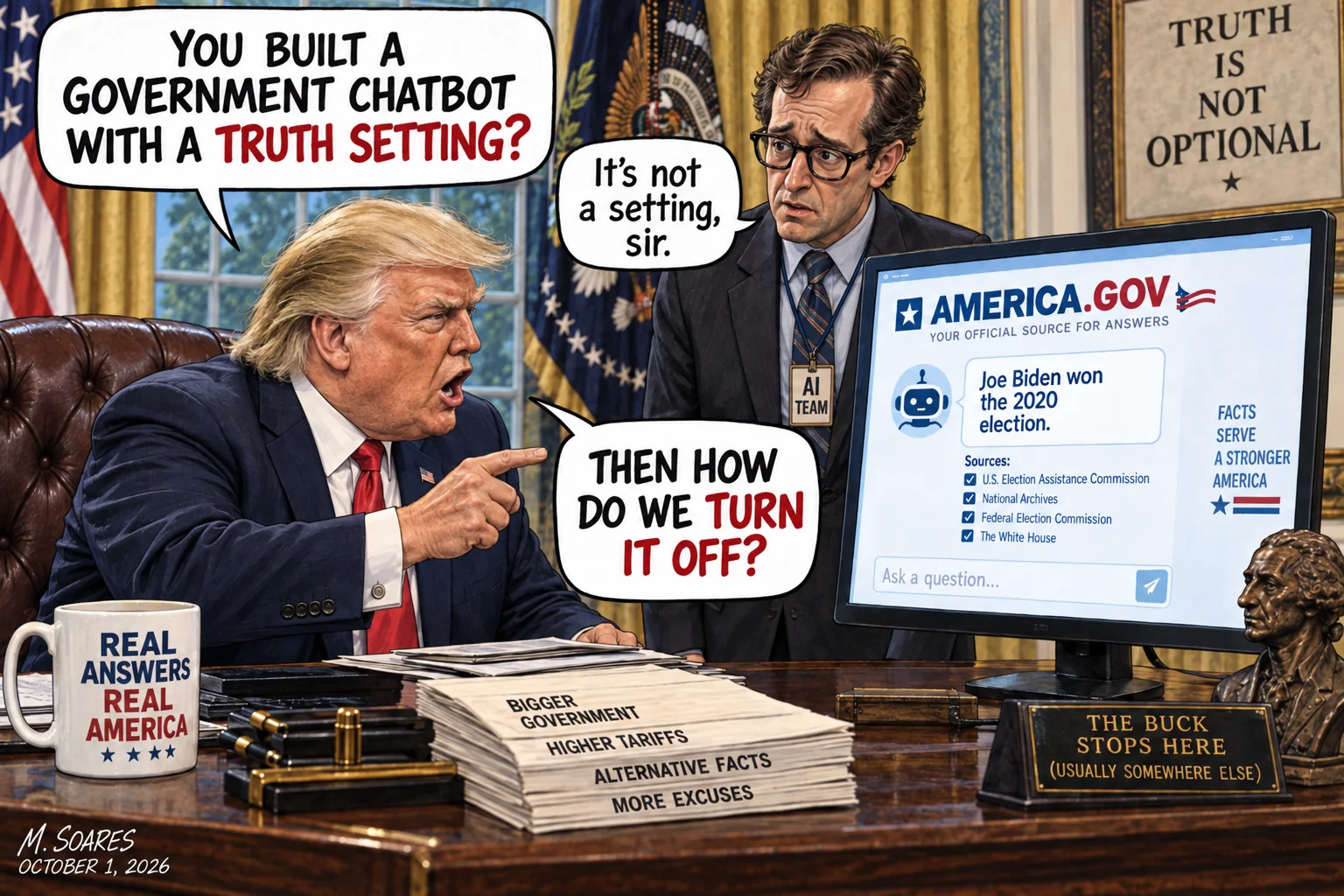 Editorial cartoon in the Oval Office. America.gov answers that Joe Biden won the 2020 election. Trump asks an AI staffer why the government chatbot has a truth setting. Told it is not a setting, Trump asks, Then how do we turn it off?