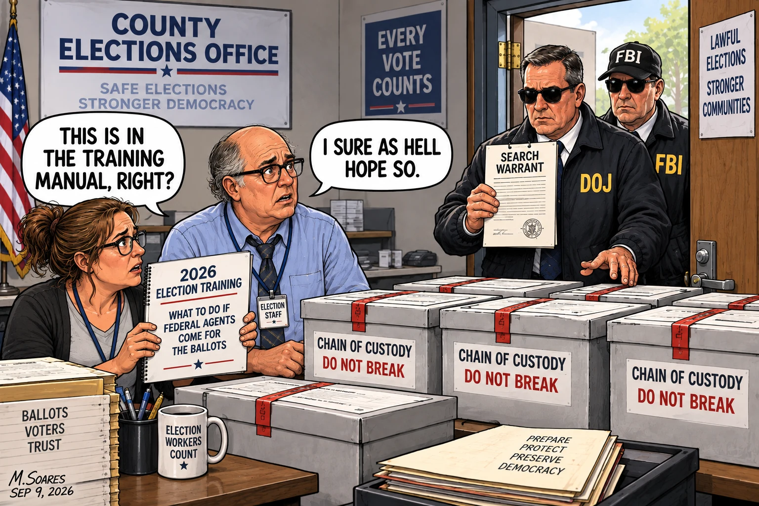 Election workers confront DOJ and FBI agents arriving with a search warrant for ballots.