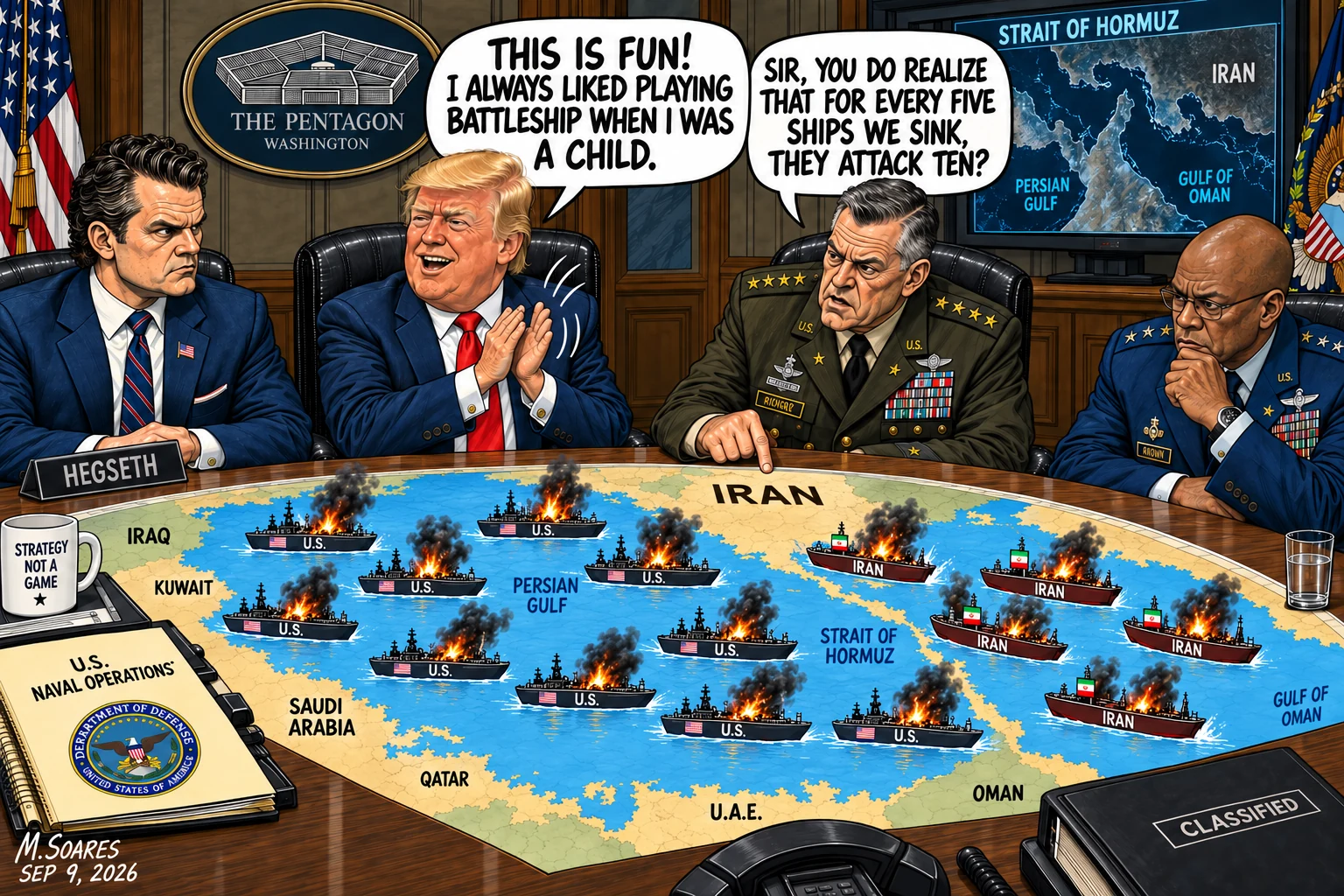 Trump plays Battleship while U.S. and Iranian ships burn in the Strait of Hormuz.