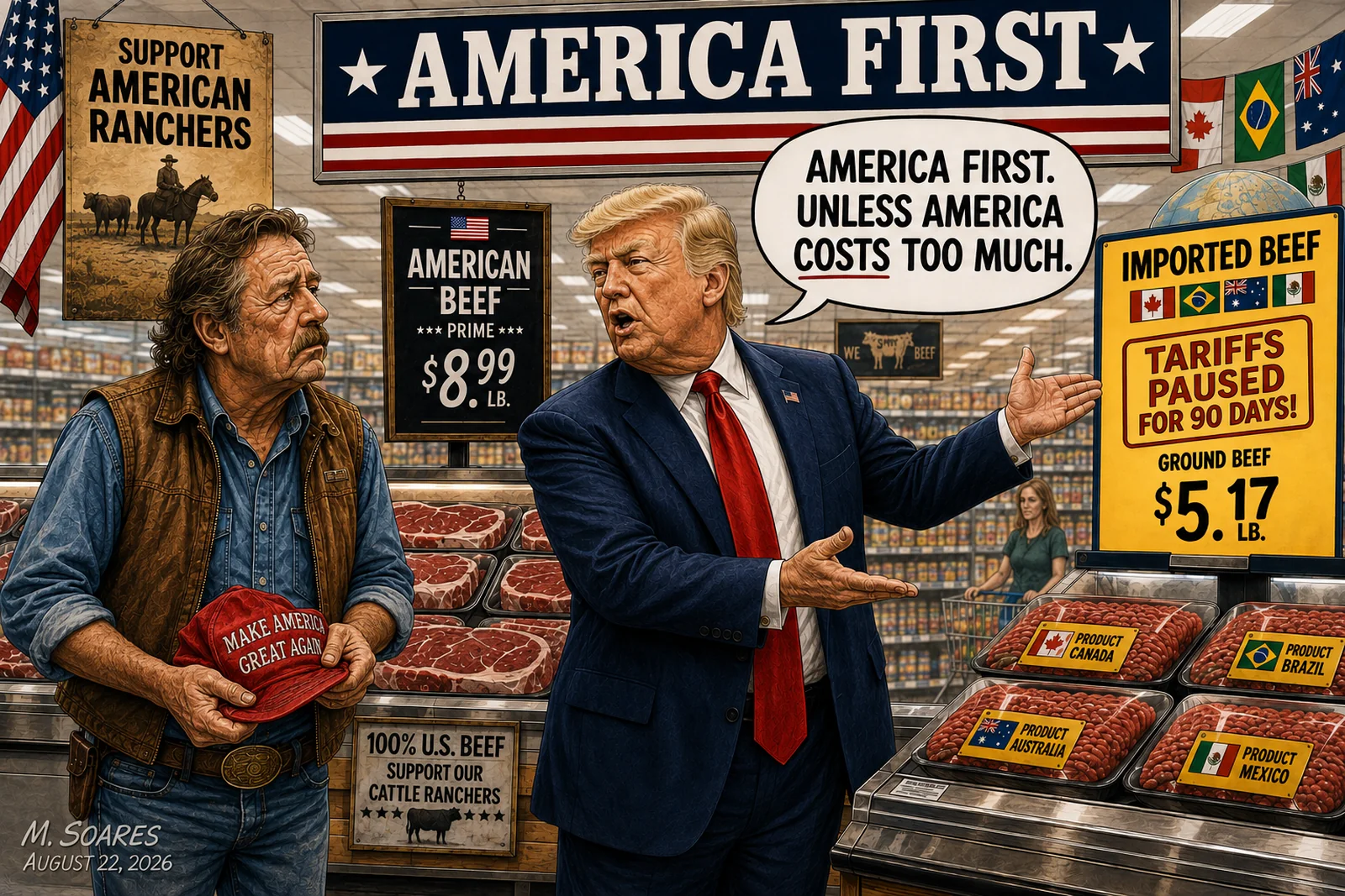 Editorial cartoon in a supermarket meat department showing an American rancher twisting a Make America Great Again hat while Donald Trump gestures toward cheaper imported beef and says, “America first. Unless America costs too much.”