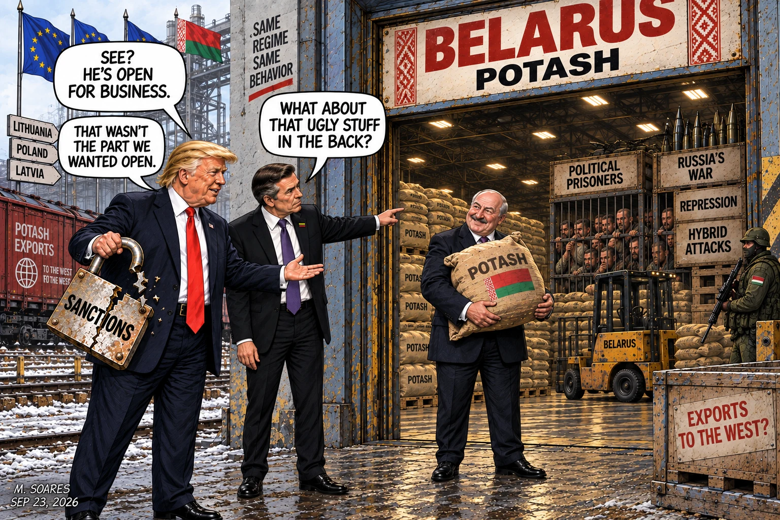 Editorial cartoon at a Belarus potash warehouse. Trump holds a broken sanctions lock, Lithuania points to political prisoners, repression, Russia’s war and hybrid attacks, and Trump says that was not the part we wanted open.