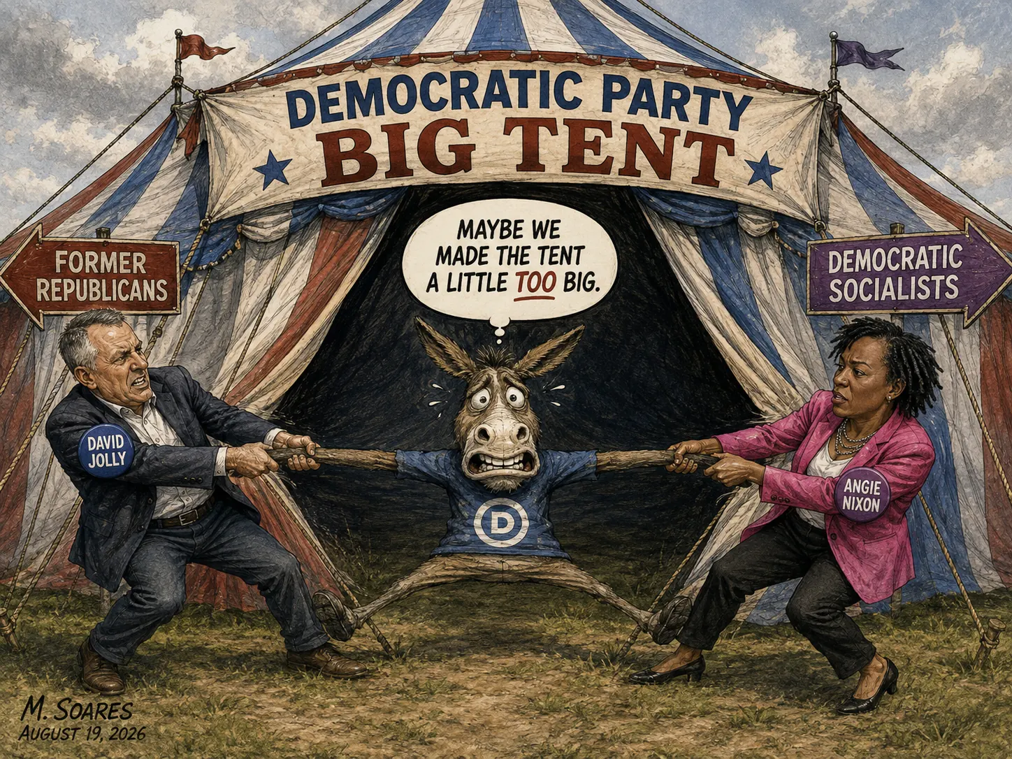 David Jolly and Angie Nixon pull a worried Democratic donkey in opposite directions beneath a Democratic Party Big Tent, toward former Republicans and democratic socialists.