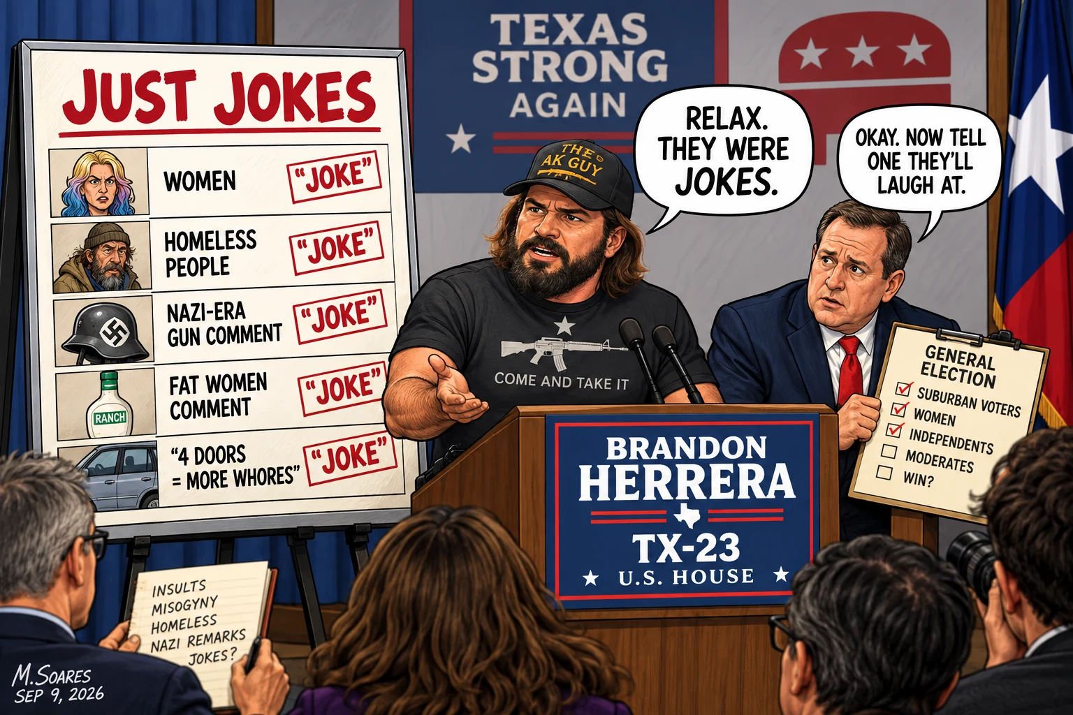 Brandon Herrera calls his past remarks jokes while a campaign aide asks him to tell one voters will laugh at.