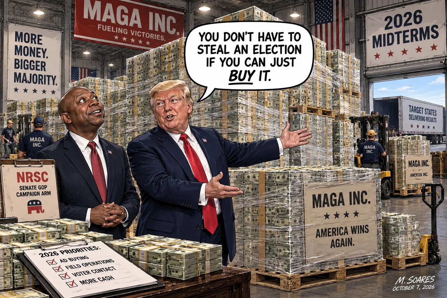 Editorial cartoon in a warehouse stacked floor to ceiling with pallets of campaign cash marked MAGA Inc. Donald Trump gestures toward the money beside Tim Scott and says, You don’t have to steal an election if you can just buy it.
