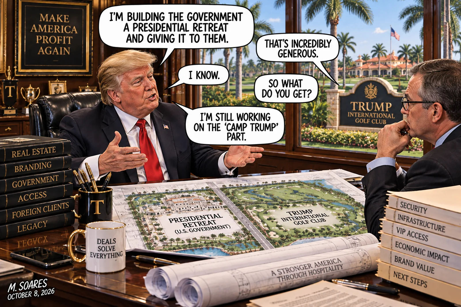 Editorial cartoon in Donald Trump’s office overlooking Trump International Golf Club. Trump tells an accountant he is building the government a presidential retreat and giving it to them. The accountant calls that incredibly generous and asks what Trump gets. Trump replies, I’m still working on the Camp Trump part. Site plans on the desk show the presidential retreat beside Trump International Golf Club.