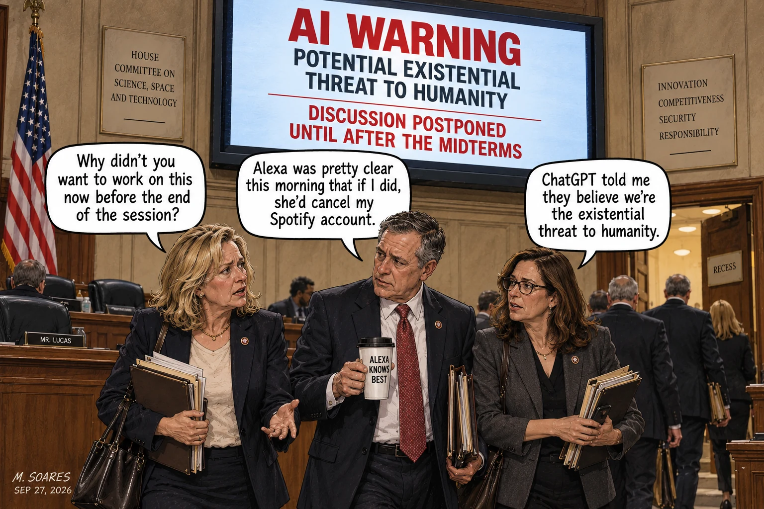Editorial cartoon in a congressional hearing room. A screen warns of a potential AI existential threat to humanity and says discussion is postponed until after the midterms. Three lawmakers joke about Alexa, Spotify and ChatGPT.