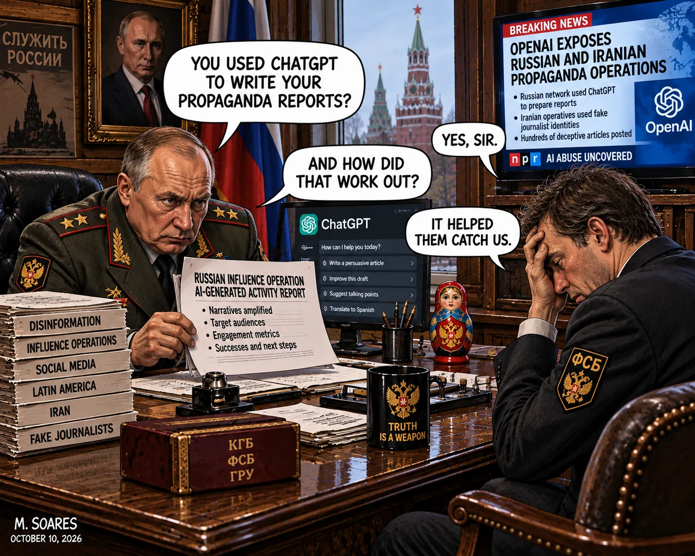 Russian intelligence supervisor asks an operative about using ChatGPT to write propaganda reports. The operative answers that it helped investigators catch them.