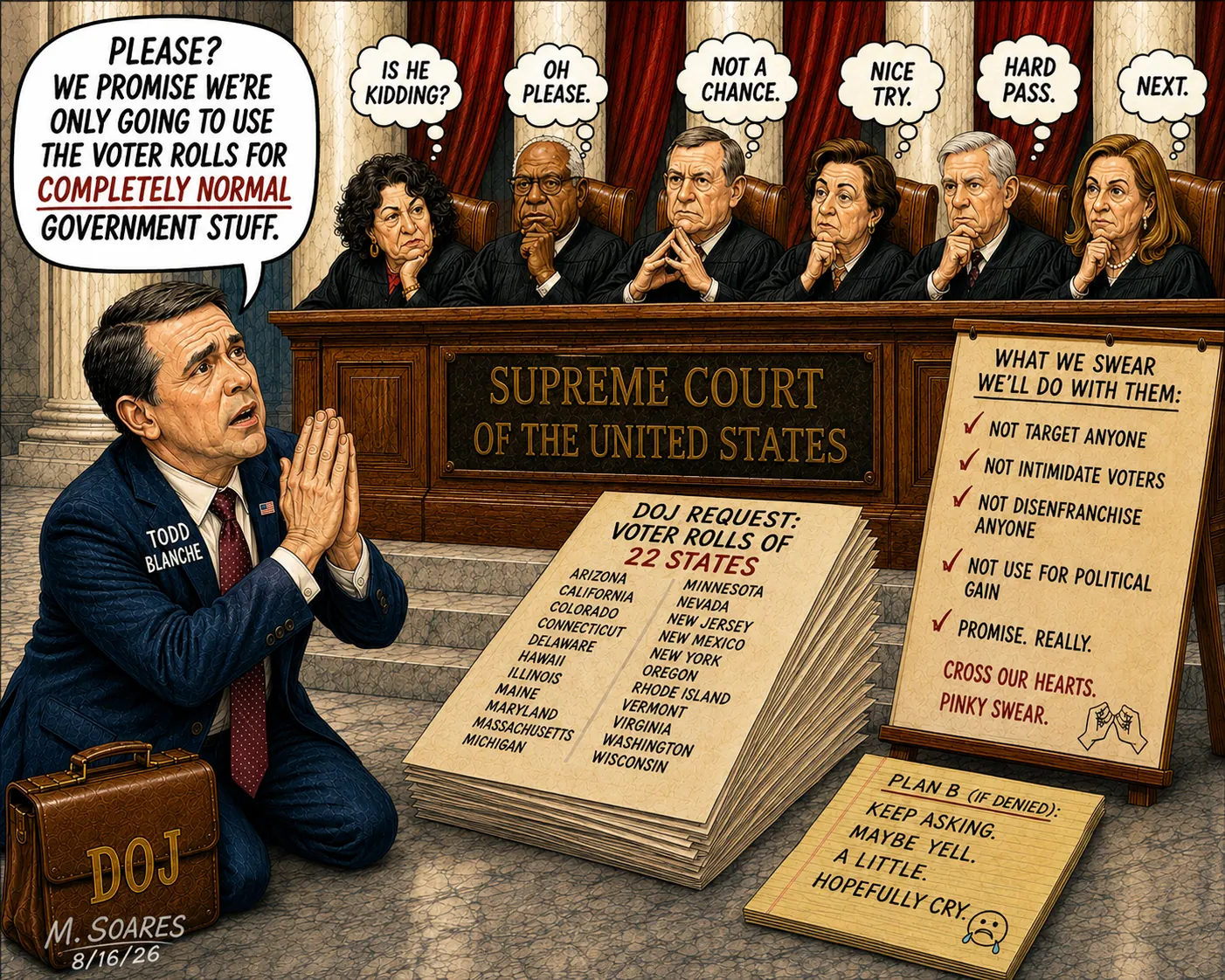 Todd Blanche kneels before skeptical Supreme Court justices while promising that requests for voter rolls from 22 states are for completely normal government stuff.