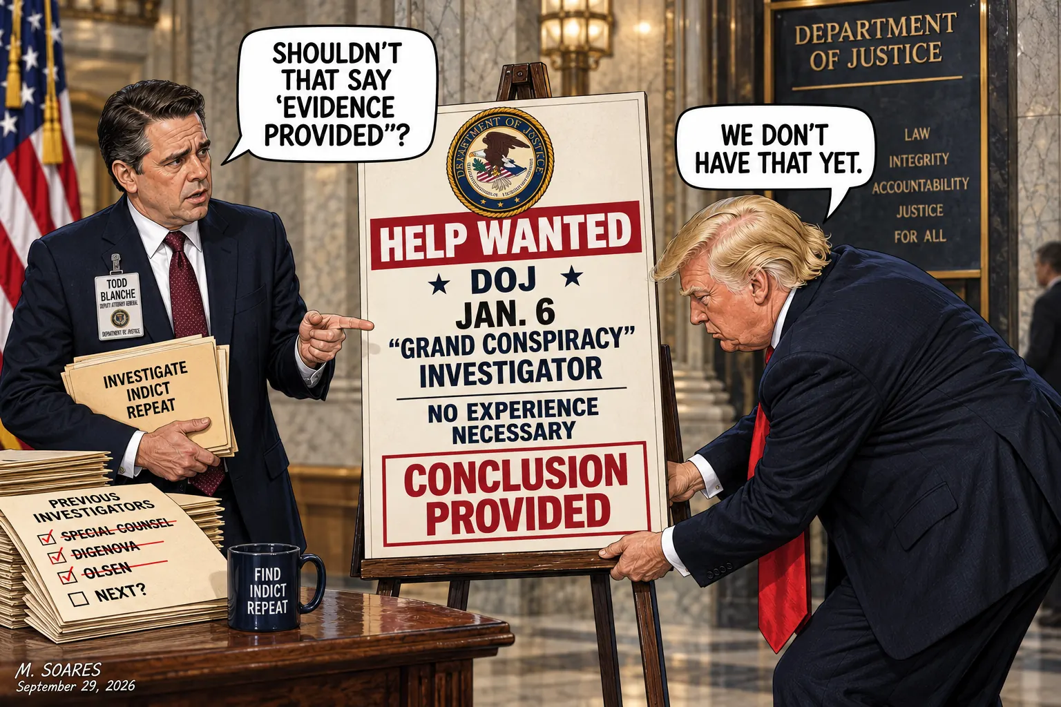 Editorial cartoon at the Department of Justice. Trump places a Help Wanted sign for a Jan. 6 Grand Conspiracy investigator. It says no experience necessary and Conclusion Provided. Todd Blanche asks whether it should say Evidence Provided.