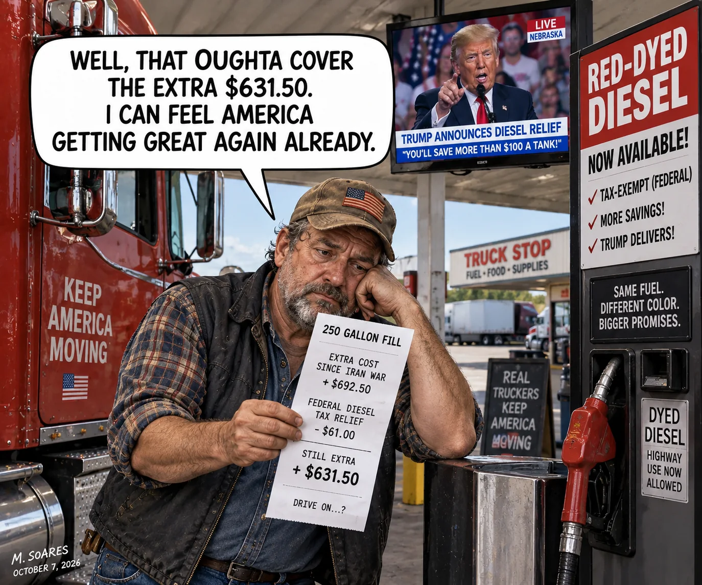 Editorial cartoon at a truck stop. A weary trucker holds a 250-gallon fuel receipt showing an extra $692.50 since the Iran war, minus $61 in federal diesel tax relief, leaving $631.50 still extra. He says, Well, that oughta cover the extra $631.50. I can feel America getting great again already.