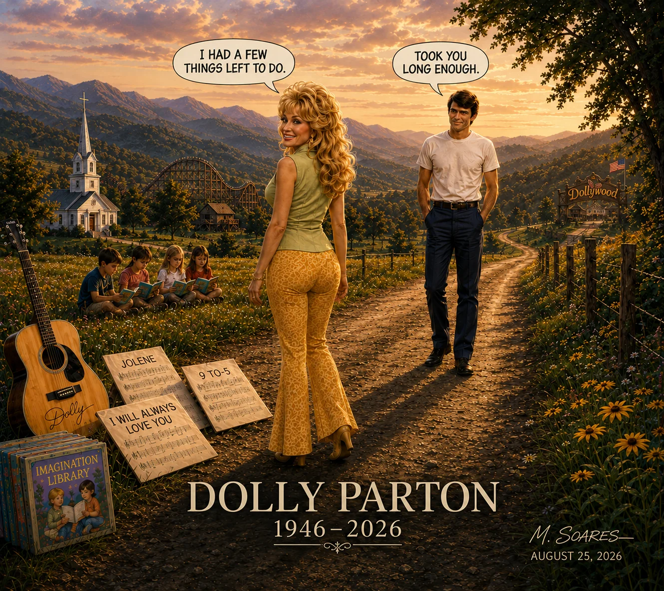 Tribute cartoon showing a younger Dolly Parton walking toward Carl at sunset as she says, “I had a few things left to do,” and he replies, “Took you long enough.”