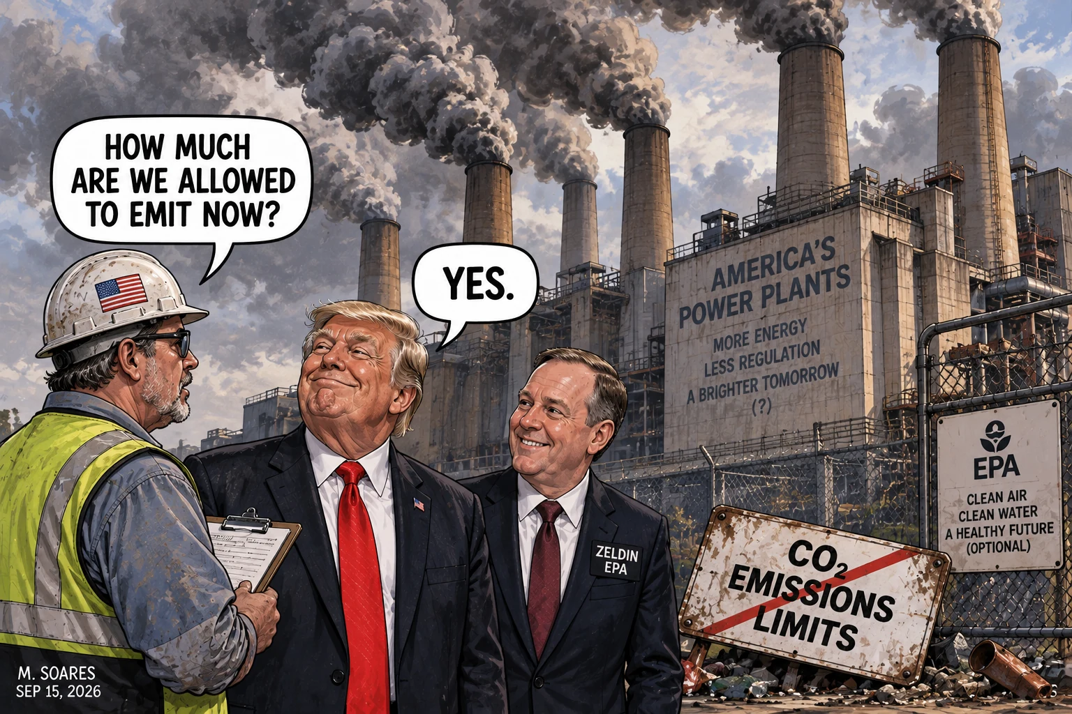 Editorial cartoon at a heavily polluting American power plant. A worker asks Donald Trump, How much are we allowed to emit now? Trump answers, Yes. EPA Administrator Lee Zeldin smiles beside a discarded sign reading CO2 Emissions Limits.