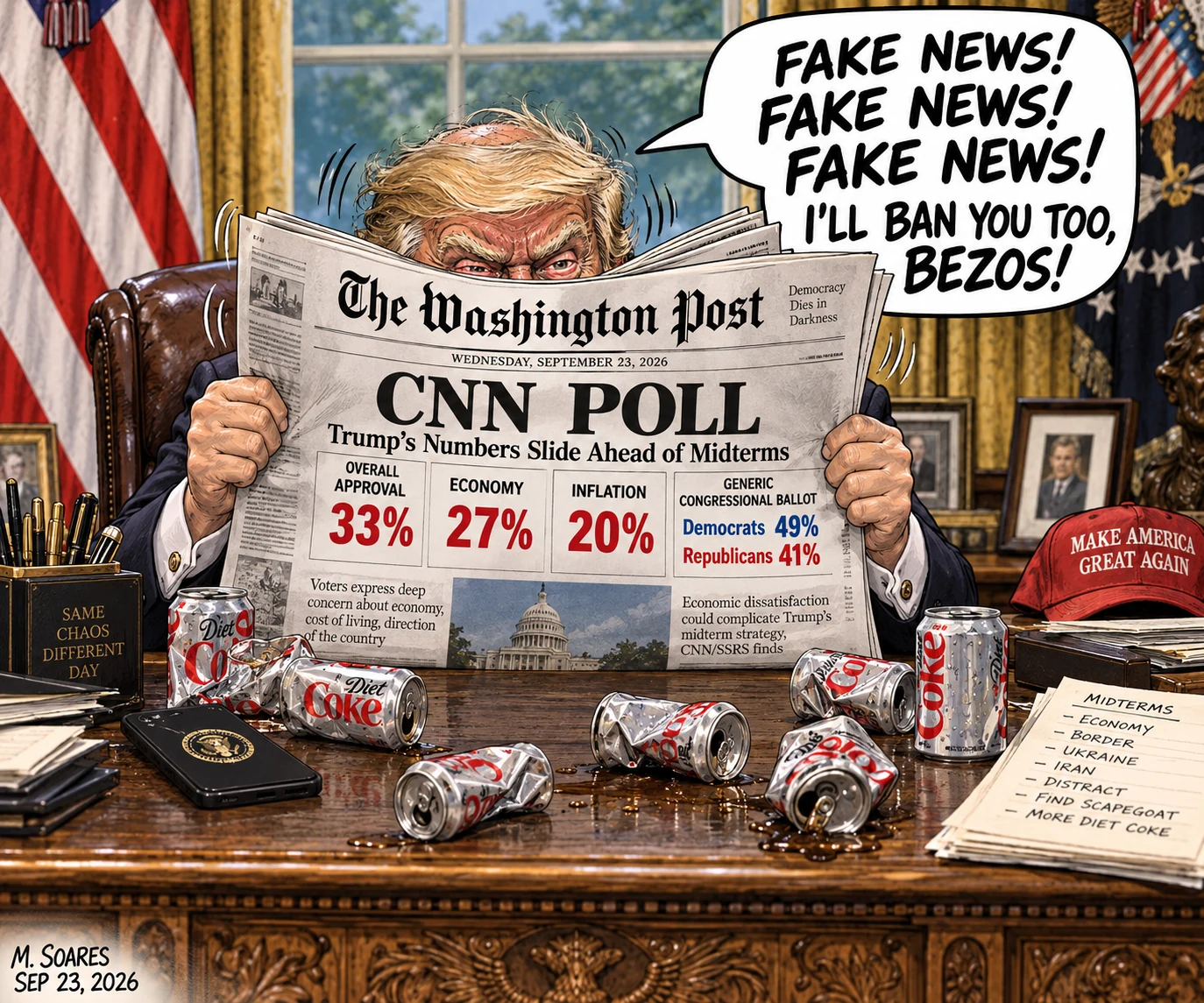 Editorial cartoon in the Oval Office. Trump glares over a shaking Washington Post front page showing a CNN poll with low approval numbers, surrounded by crushed Diet Coke cans, shouting Fake News and I’ll ban you too, Bezos.