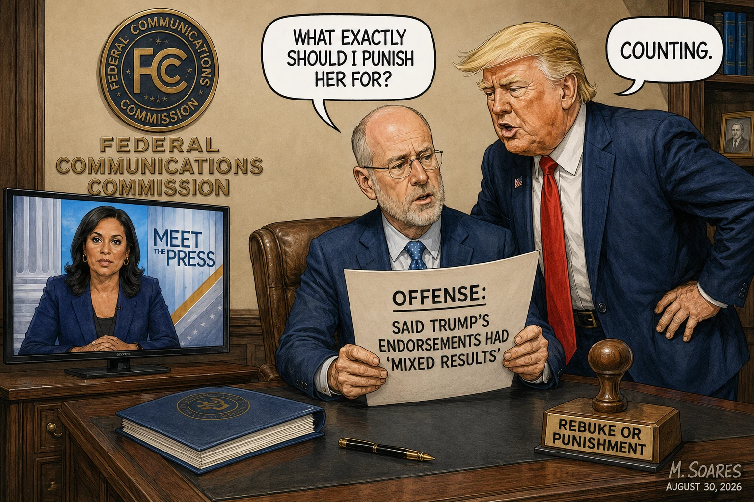 Editorial cartoon showing FCC Chairman Brendan Carr asking Donald Trump what he should punish Kristen Welker for after she said Trump’s endorsements had “mixed results,” while Trump replies, “Counting.”