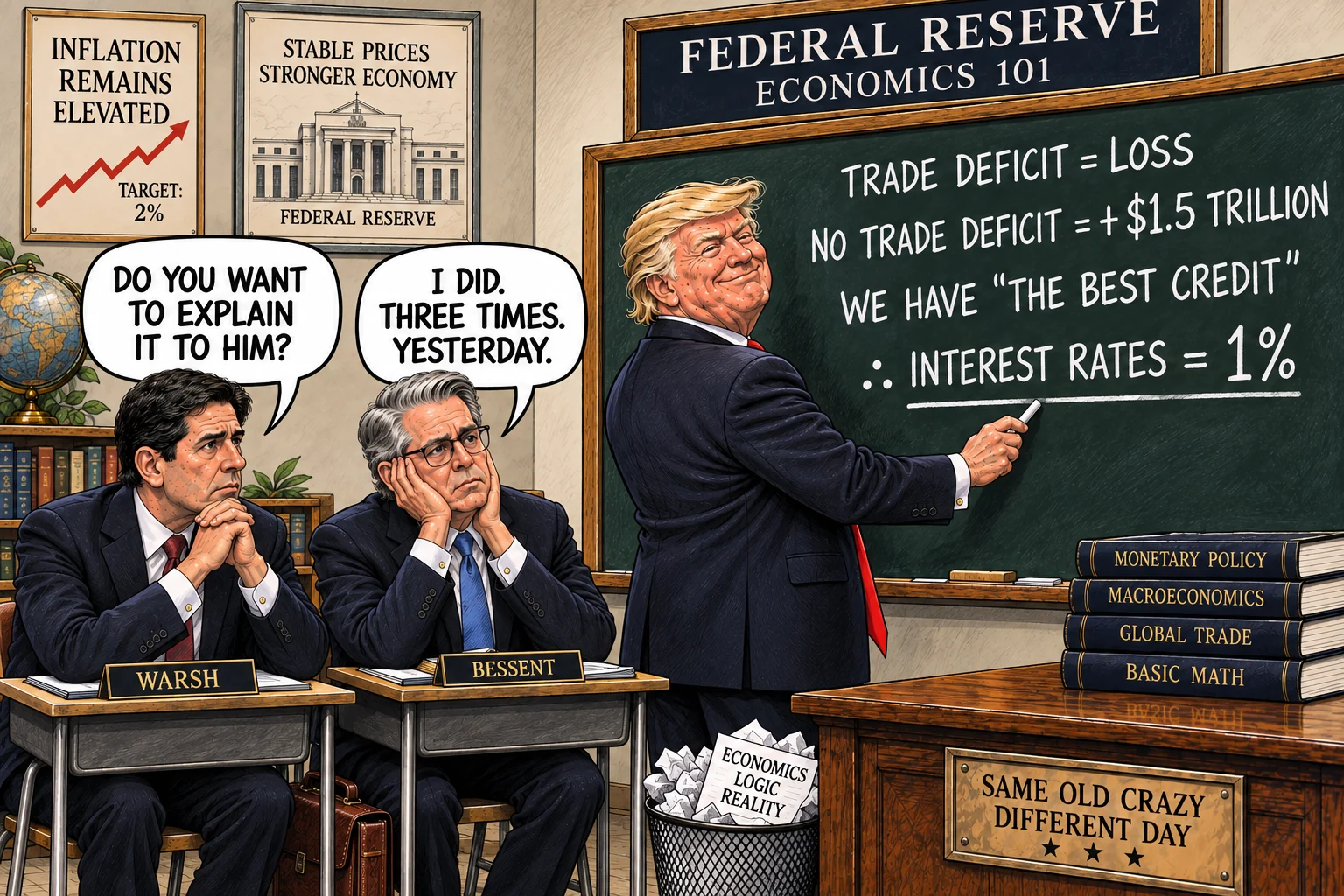 Editorial cartoon in a Federal Reserve Economics 101 classroom. Donald Trump writes Trade Deficit equals Loss, No Trade Deficit equals plus 1.5 trillion dollars, We Have the Best Credit, therefore Interest Rates equal 1 percent. Kevin Warsh asks Scott Bessent, Do you want to explain it to him? Bessent replies, I did. Three times. Yesterday.