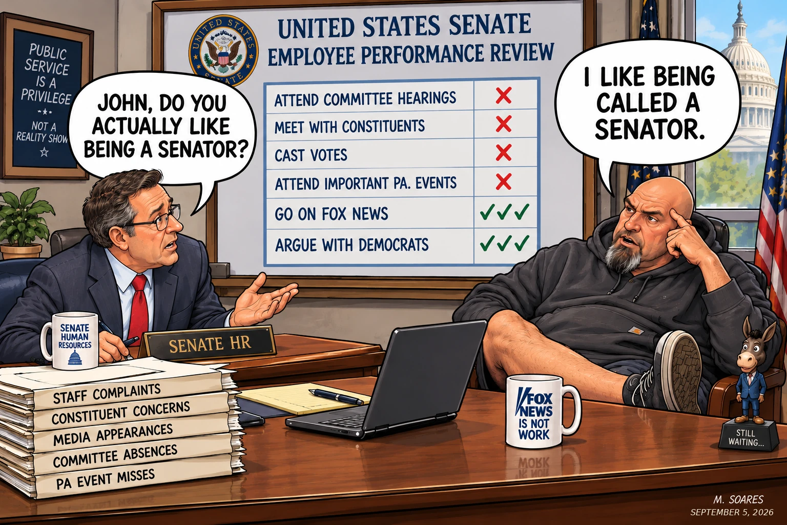 Fetterman’s Performance Review — political cartoon by M. Soares