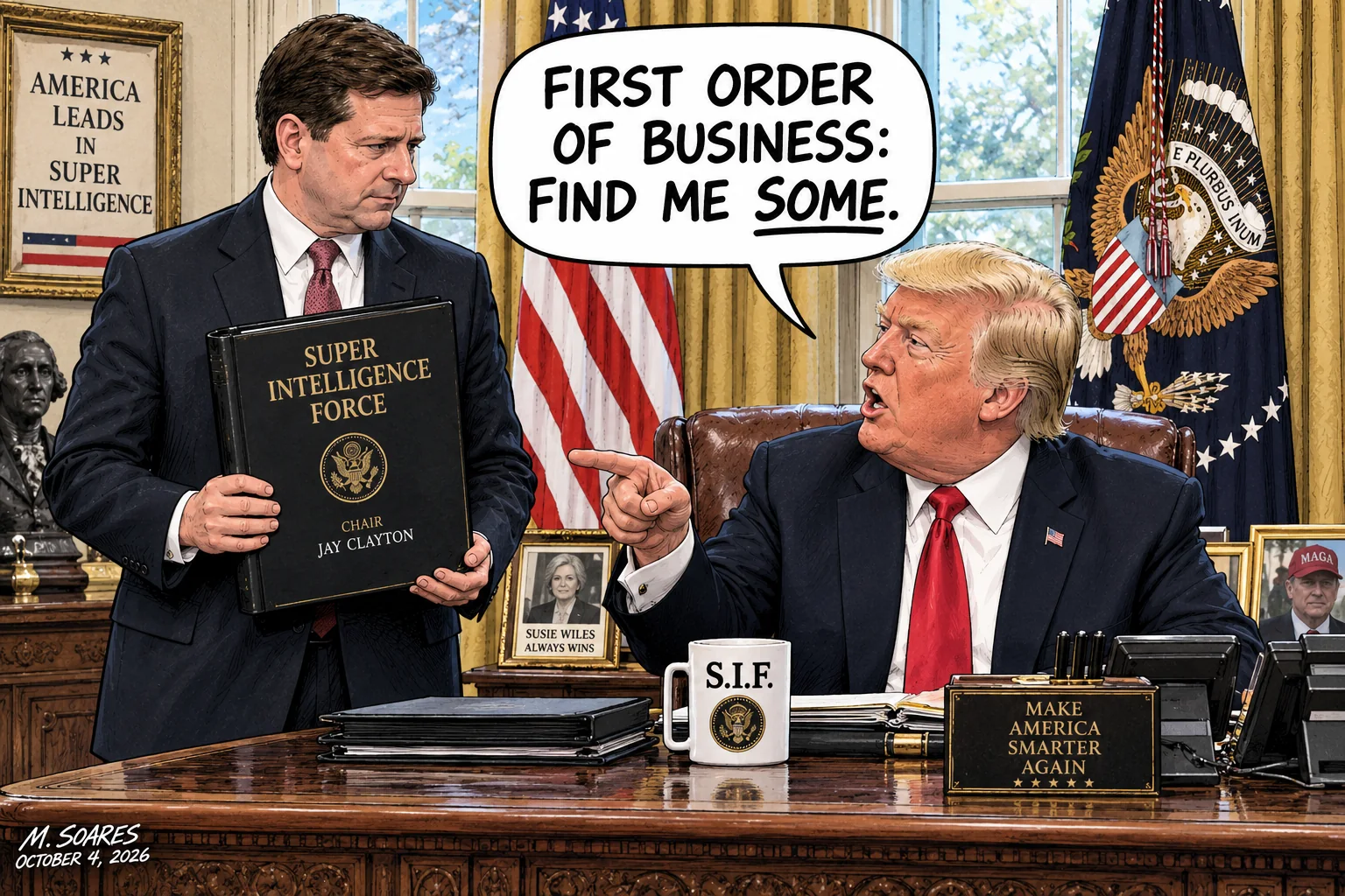 Editorial cartoon in the Oval Office. Jay Clayton holds a binder labeled Super Intelligence Force while Donald Trump tells him, First order of business: find me some.