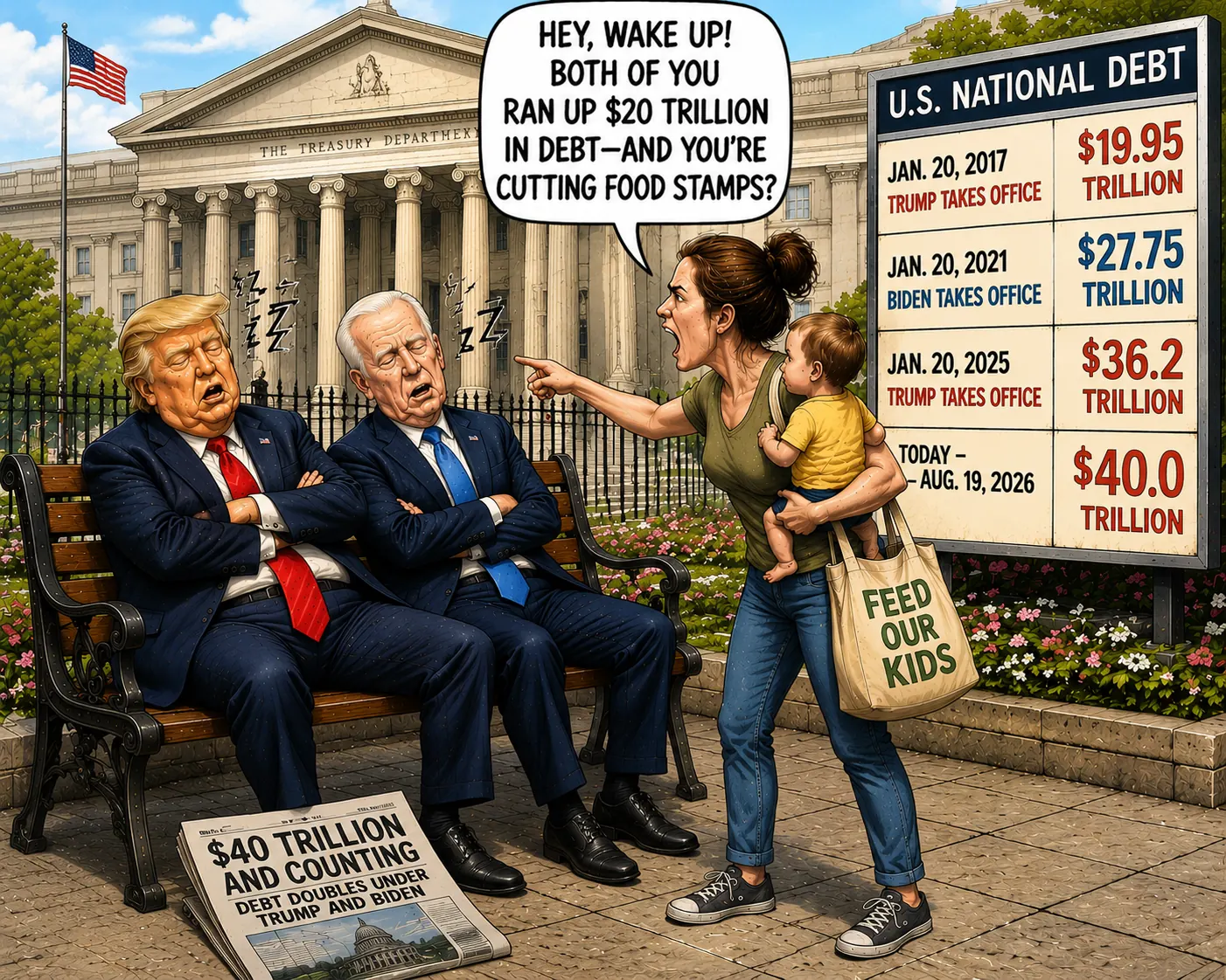 Donald Trump and Joe Biden sleep on a bench outside the Treasury while a mother holding a child points to a board showing U.S. debt rising from $19.95 trillion to $40 trillion.