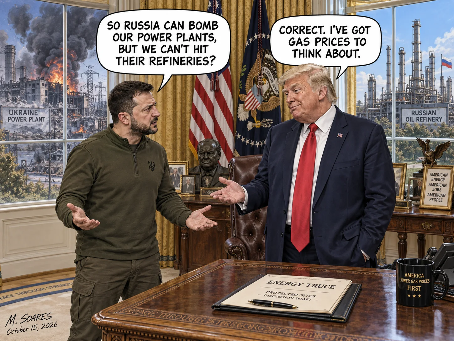 Zelenskyy challenges Trump over Russian strikes on Ukraine’s power plants while Russian refineries remain protected.
