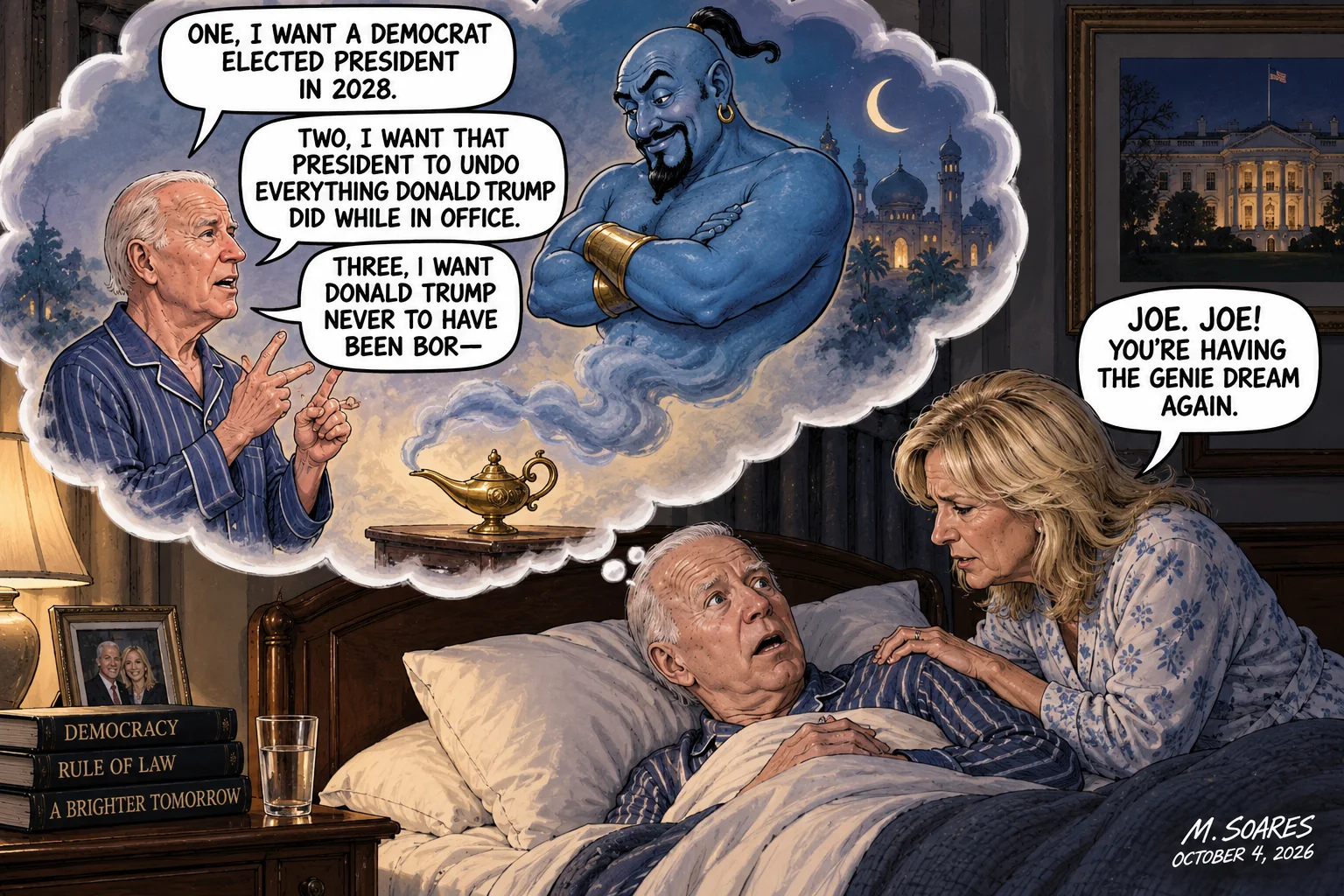 Editorial cartoon of Joe Biden dreaming of a genie. Biden wishes for a Democratic president in 2028 and for that president to undo everything Donald Trump did, then starts a third wish before Jill Biden wakes him and says he is having the genie dream again.