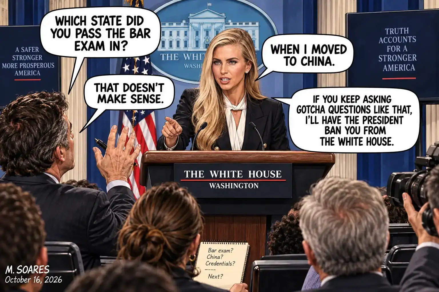 White House press secretary Katie Zacharia is pressed about which state she passed the bar exam in and threatens to ban a reporter asking gotcha questions.
