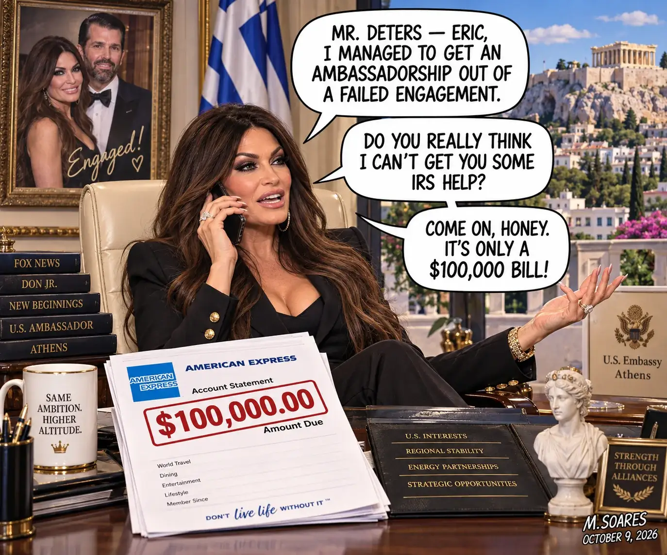 Kimberly Guilfoyle in an Athens embassy office on the phone, with a portrait of Donald Trump Jr. and a one-hundred-thousand-dollar American Express bill.