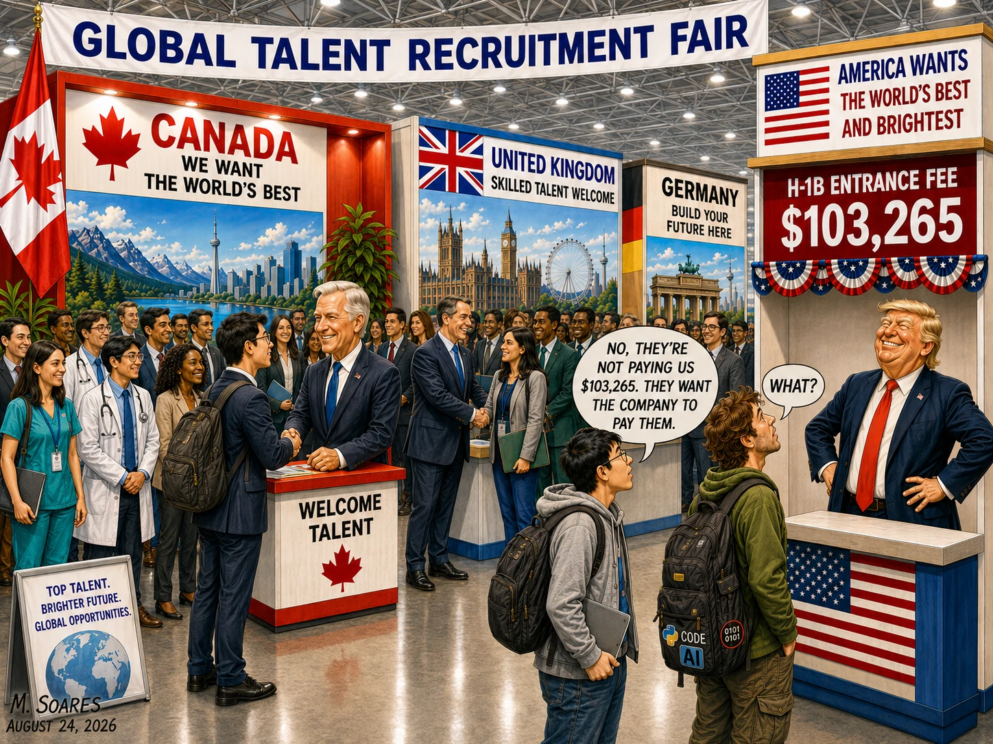 Editorial cartoon showing a Global Talent Recruitment Fair where Canada, the United Kingdom and Germany welcome skilled workers while a U.S. booth advertises a $103,265 H-1B entrance fee and two tech applicants realize the company must pay it.