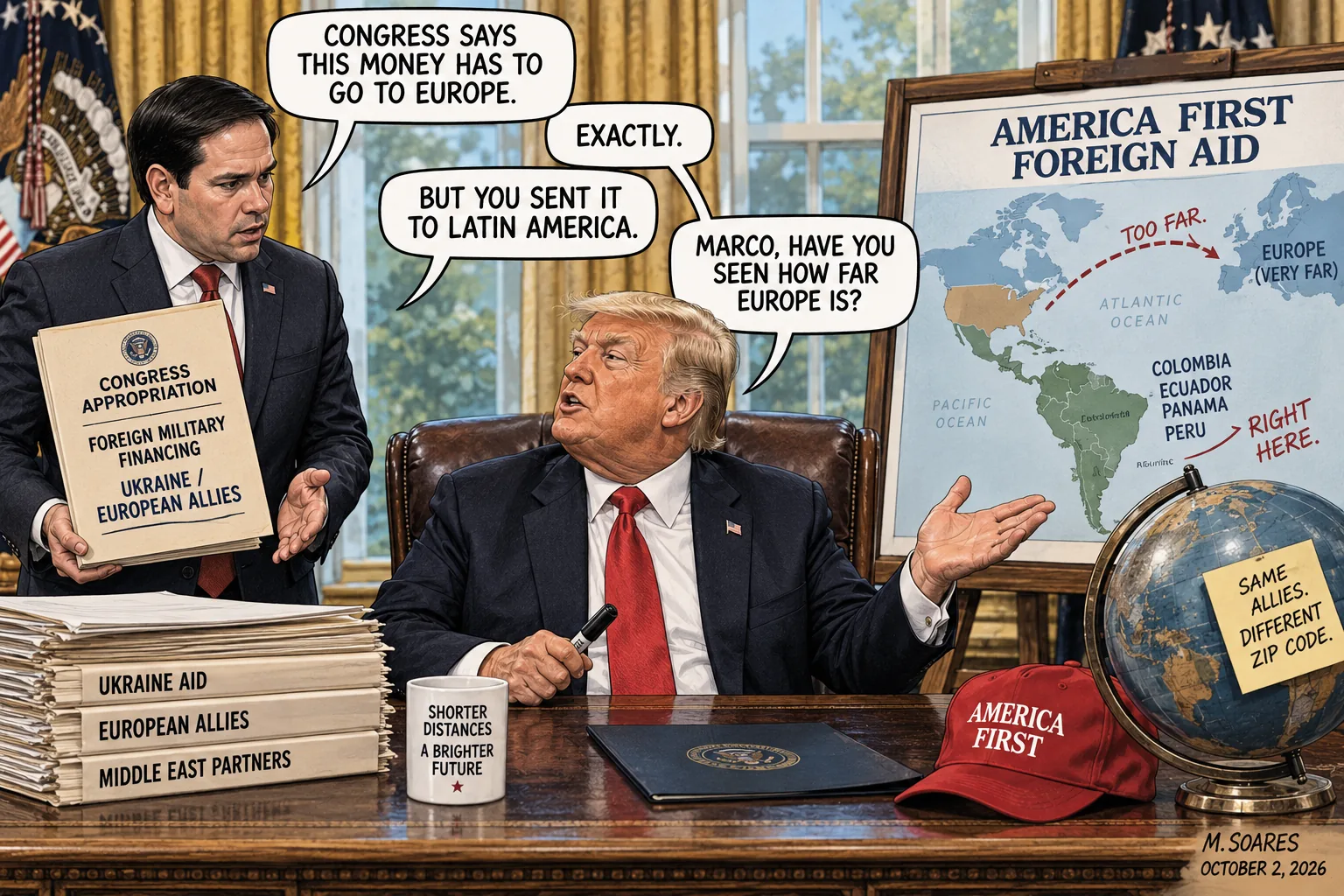 Editorial cartoon in the Oval Office. Marco Rubio says Congress says military financing has to go to Europe and notes Trump sent it to Latin America. Trump replies, Marco, have you seen how far Europe is?