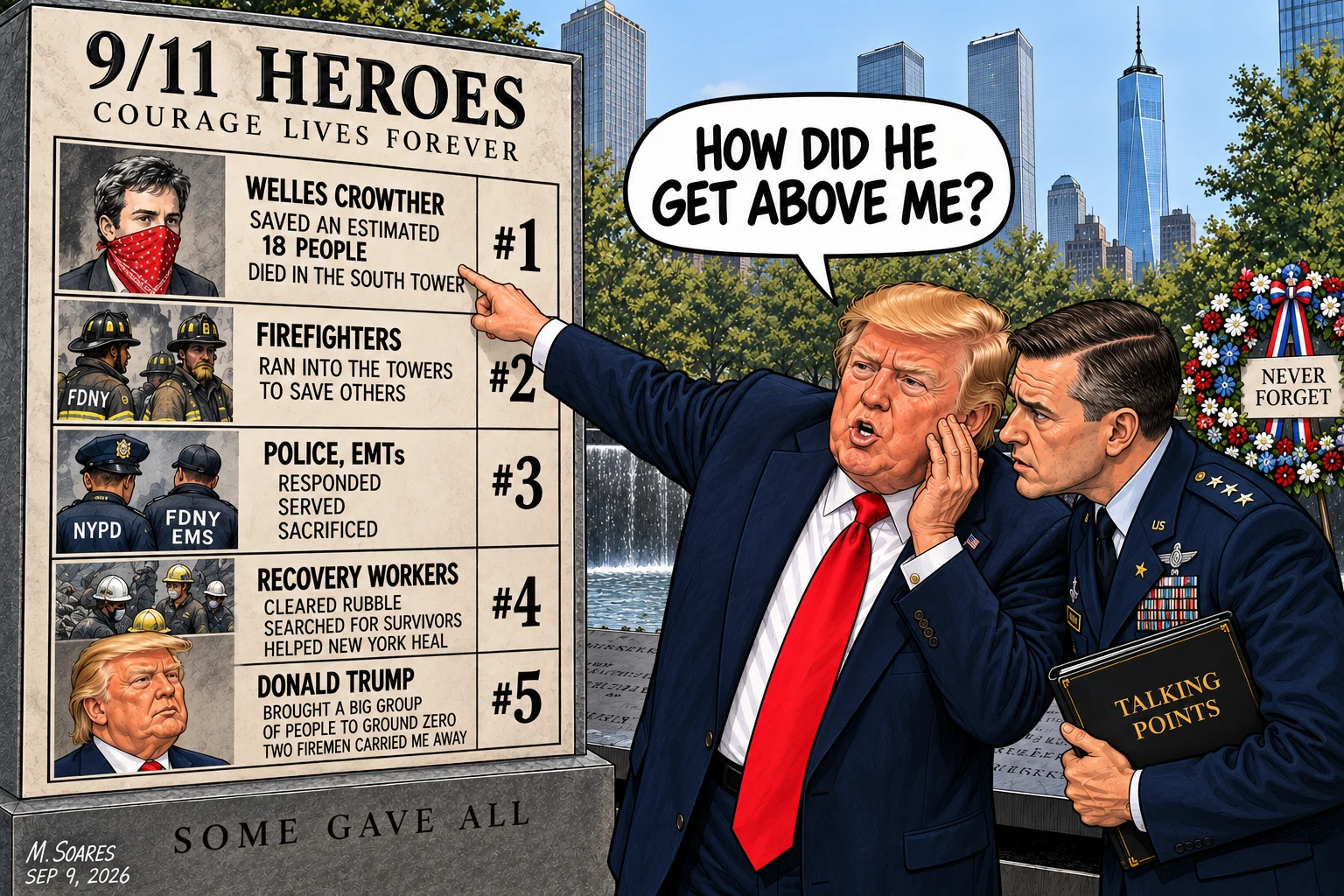 Trump points at 9/11 hero Welles Crowther and asks how Crowther got above him.