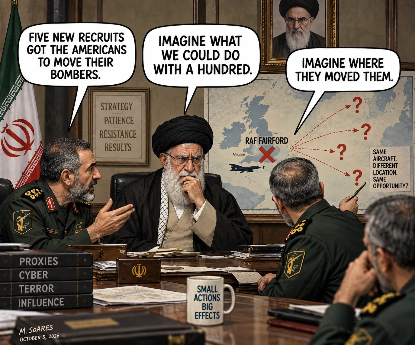 Editorial cartoon in an Iranian strategy meeting. A commander says five new recruits got the Americans to move their bombers. The Ayatollah says, Imagine what we could do with a hundred. Another commander studying a map of RAF Fairford says, Imagine where they moved them.