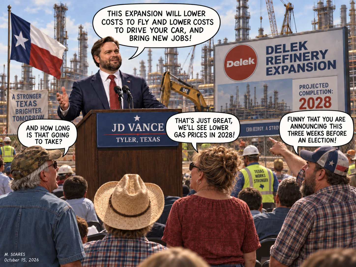 JD Vance announces a Texas refinery expansion promising lower prices, while residents point out the construction timeline.