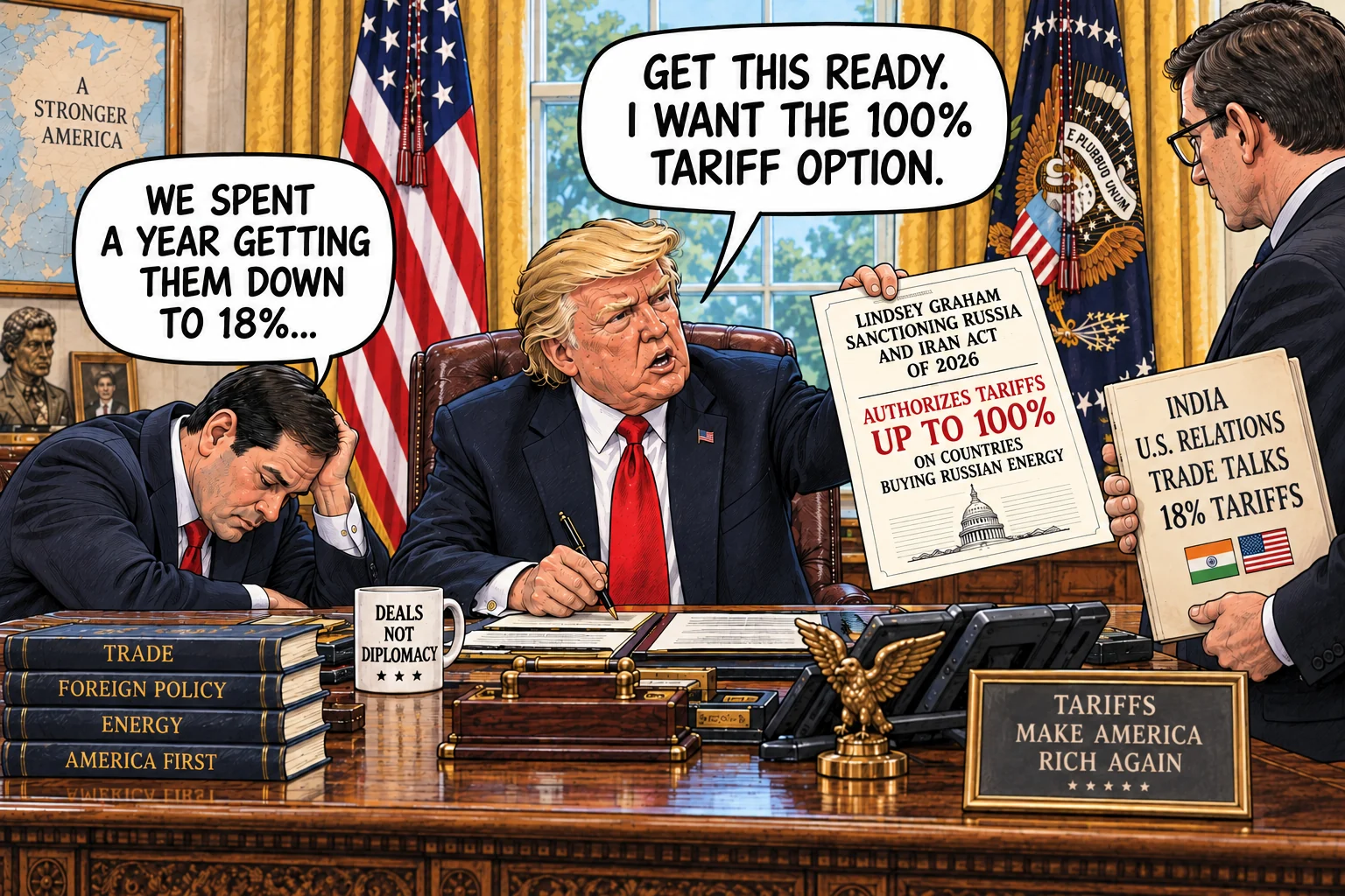 Editorial cartoon in the Oval Office. Donald Trump holds the Sanctioning Russia and Iran Act of 2026, authorizing tariffs up to 100 percent on countries buying Russian energy, and says, Get this ready. I want the 100% tariff option. Marco Rubio slumps at the Resolute Desk and says, We spent a year getting them down to 18%. An aide holds a folder labeled India U.S. Relations Trade Talks 18% Tariffs.