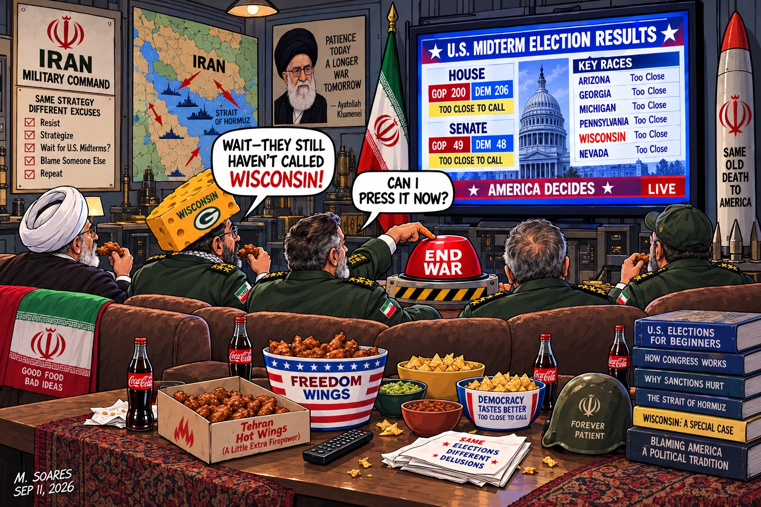 Iranian officers watch U.S. midterm results while waiting to press an END WAR button.