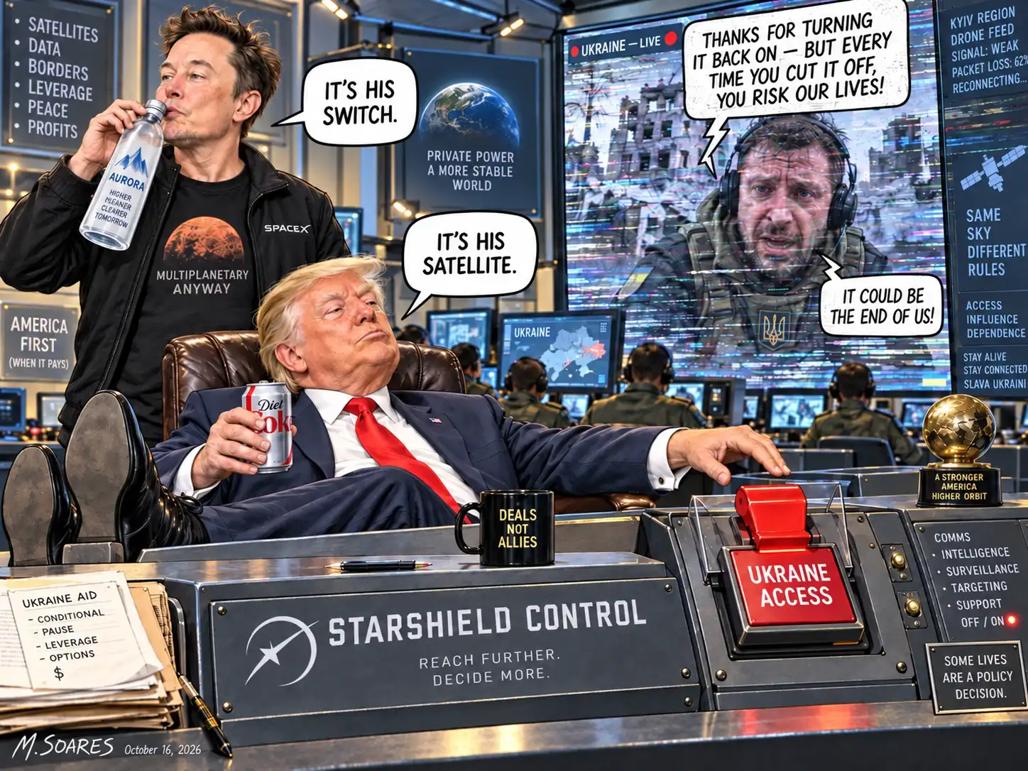 Trump lounges beside a red Ukraine Access switch while Musk holds bottled water; a Ukrainian operator warns that every interruption risks lives.