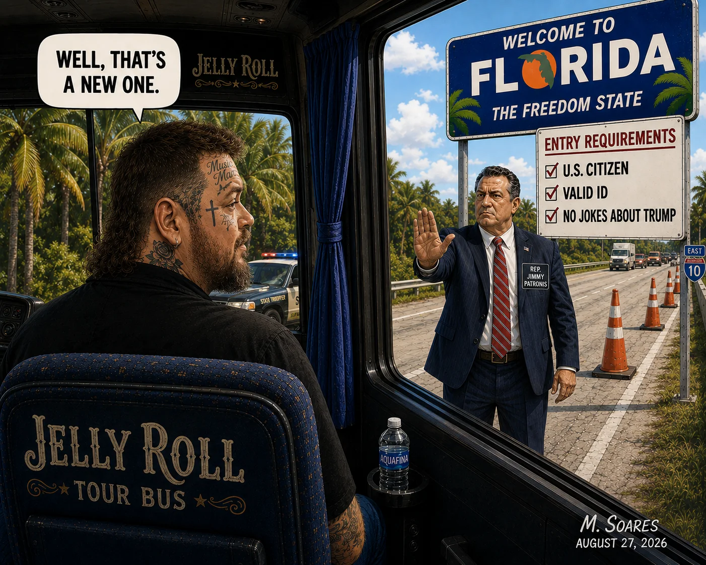 Editorial cartoon from inside Jelly Roll’s tour bus showing Rep. Jimmy Patronis stopping the bus beneath a “Welcome to Florida — The Freedom State” sign and an entry-requirements board ending with “No jokes about Trump,” while Jelly Roll says, “Well, that’s a new one.”