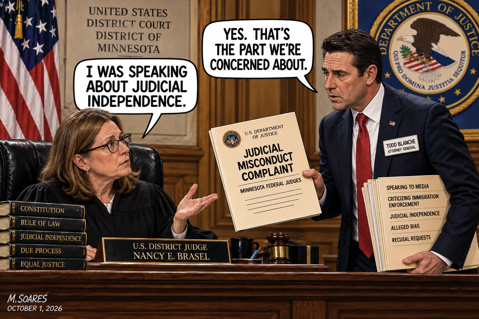 Editorial cartoon in the U.S. District Court for Minnesota. Judge Nancy E. Brasel says, I was speaking about judicial independence. Todd Blanche holds a judicial misconduct complaint and replies, Yes. That’s the part we’re concerned about.