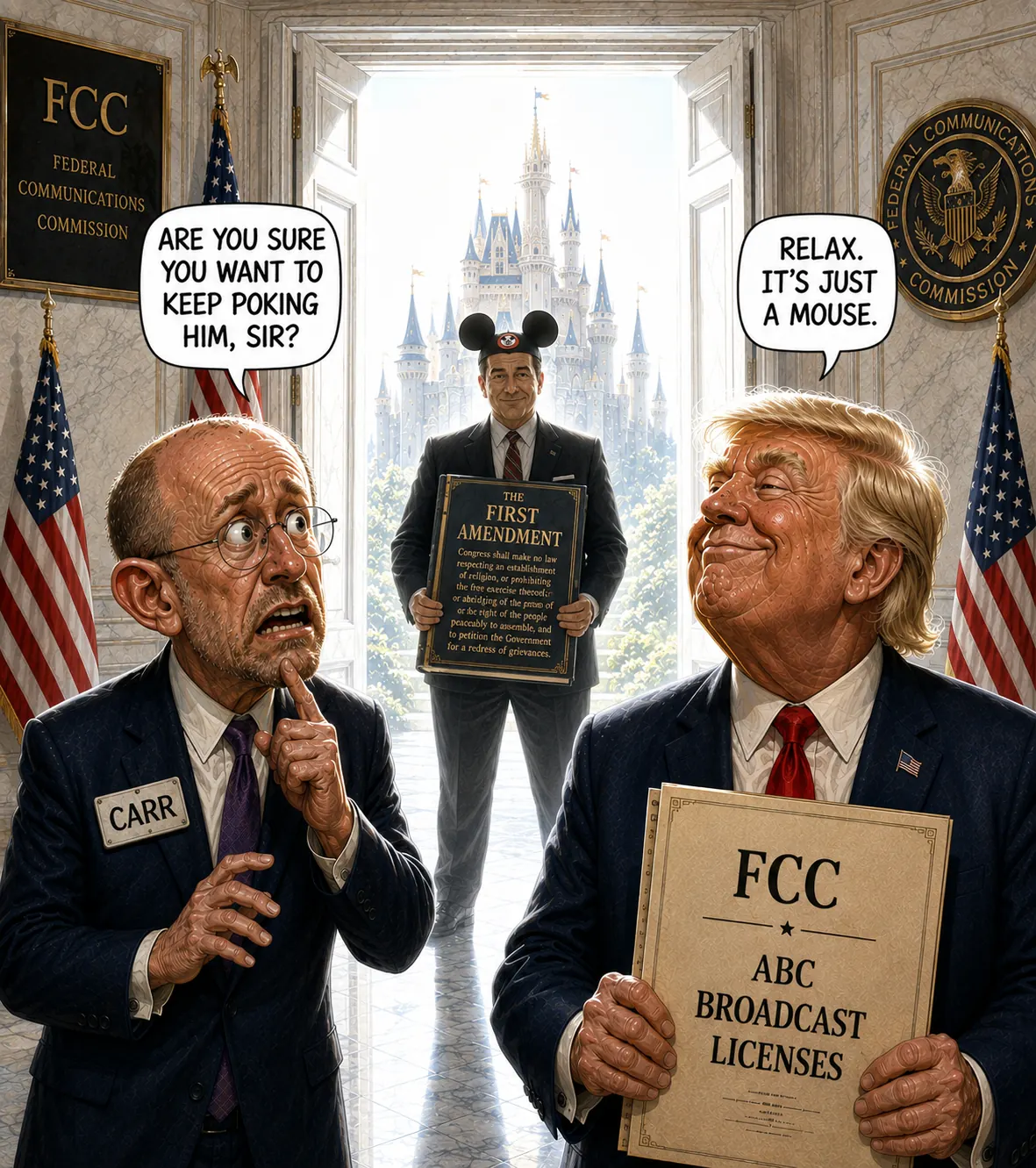 Brendan Carr asks Trump whether he should keep poking ABC as a lawyer wearing novelty mouse ears approaches holding the First Amendment.