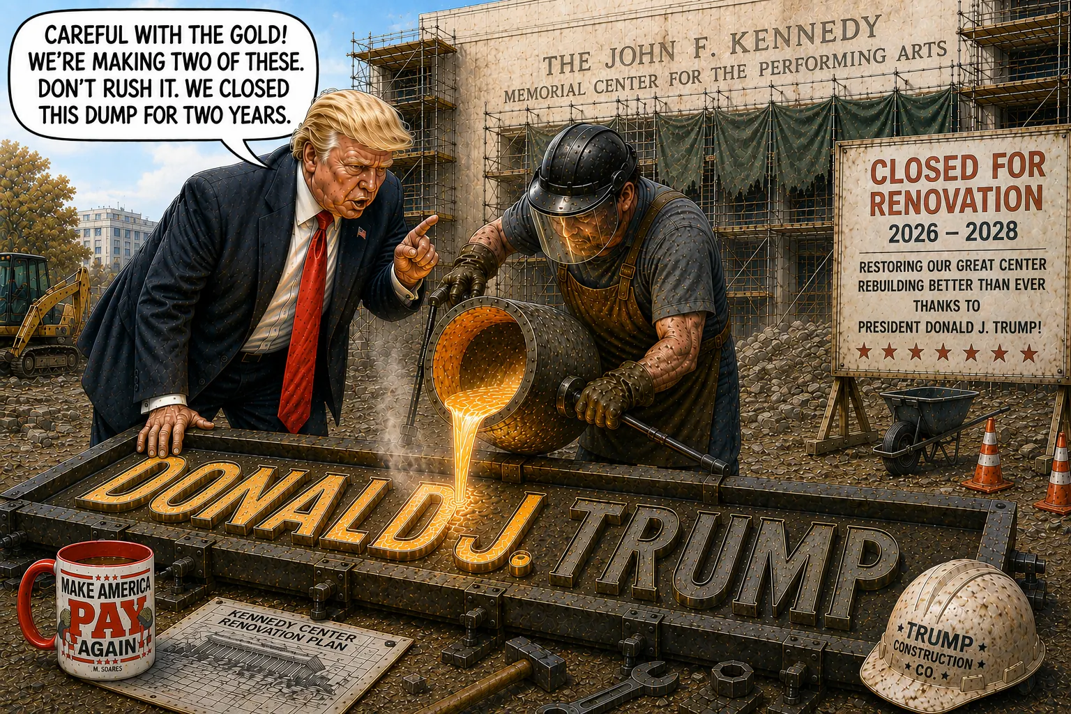 Donald Trump tells a worker pouring molten gold into a giant DONALD J. TRUMP name mold to be careful because they are making two and the Kennedy Center is closed for two years.