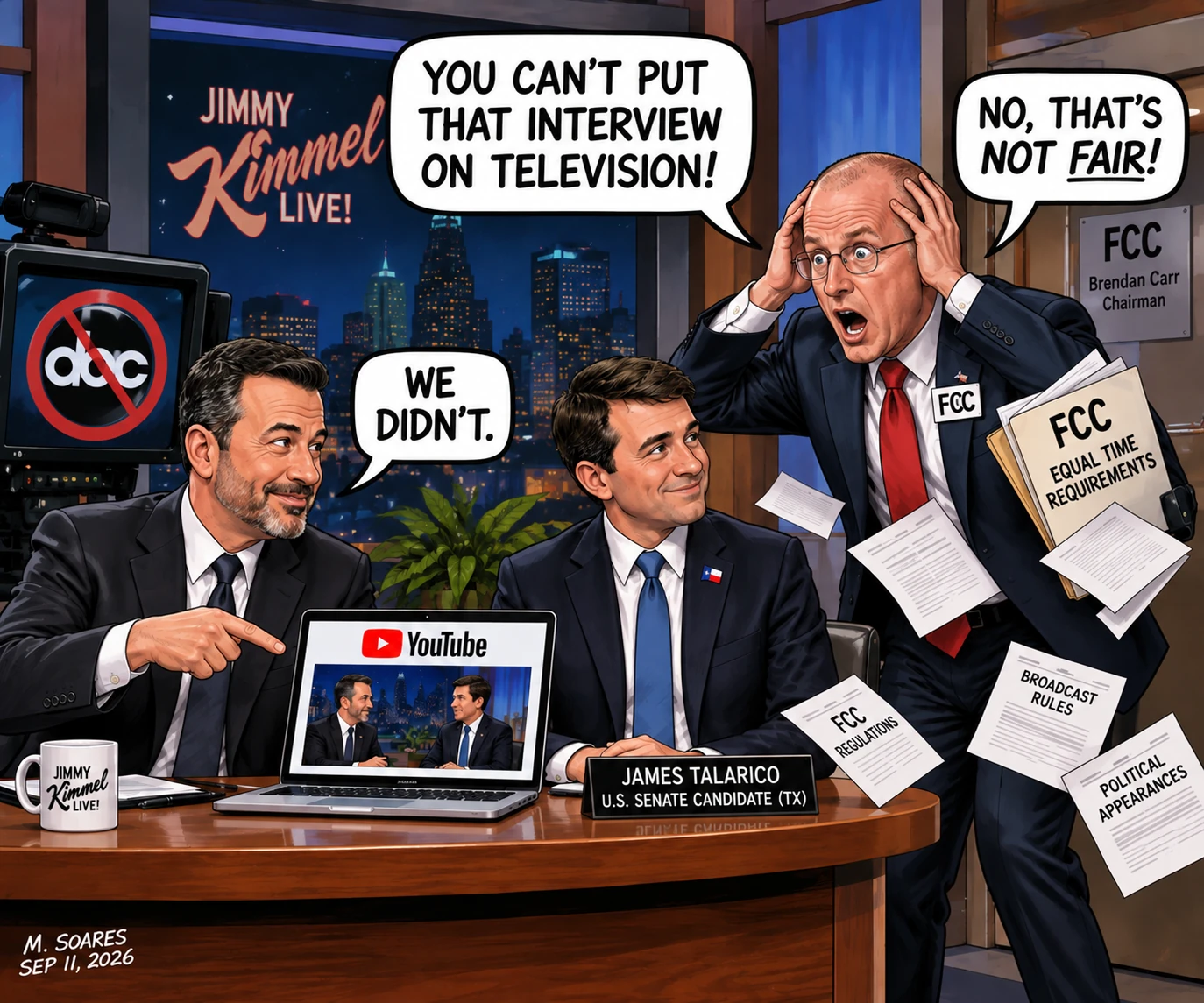 Jimmy Kimmel points to the Talarico interview on YouTube while Brendan Carr protests.