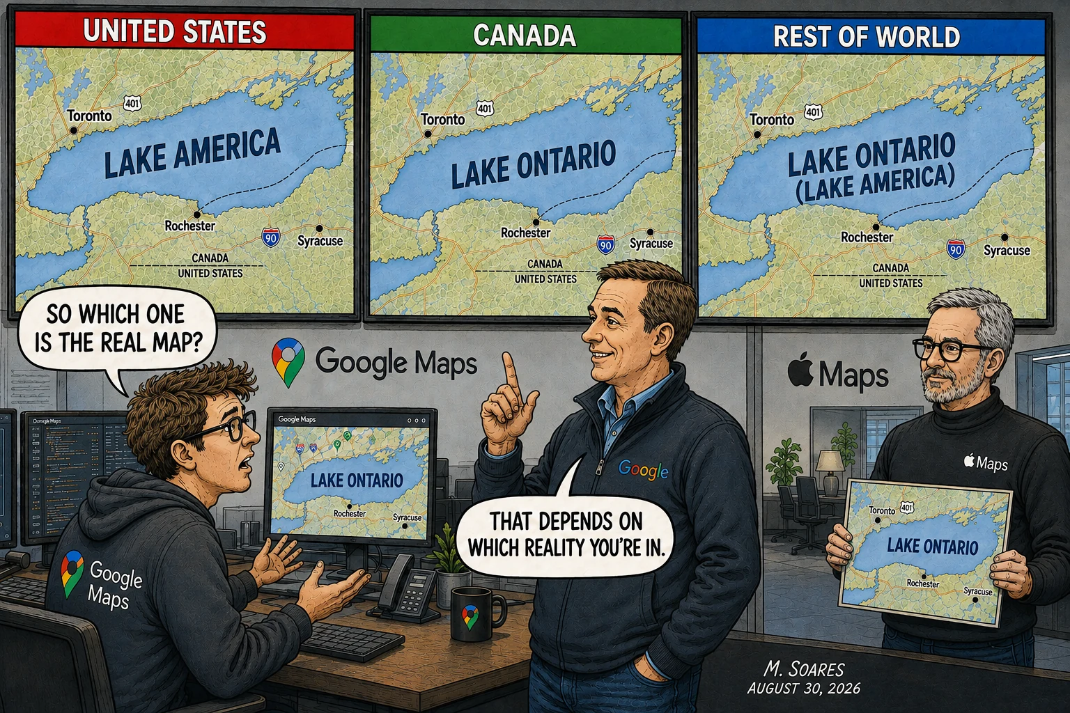 Editorial cartoon showing Google and Apple Maps displaying different names for Lake Ontario, including “Lake America,” as an employee asks which map is real.