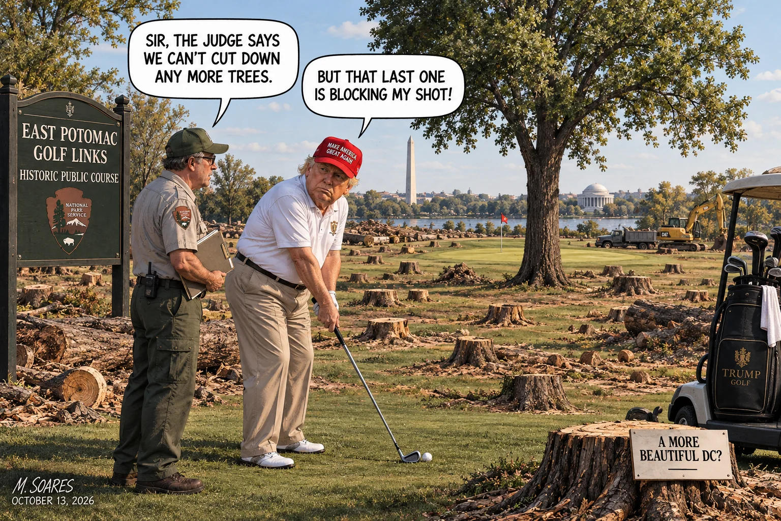 At East Potomac Golf Links amid hundreds of stumps, a park worker says the judge forbids cutting more trees; Trump says the last one is blocking his shot.