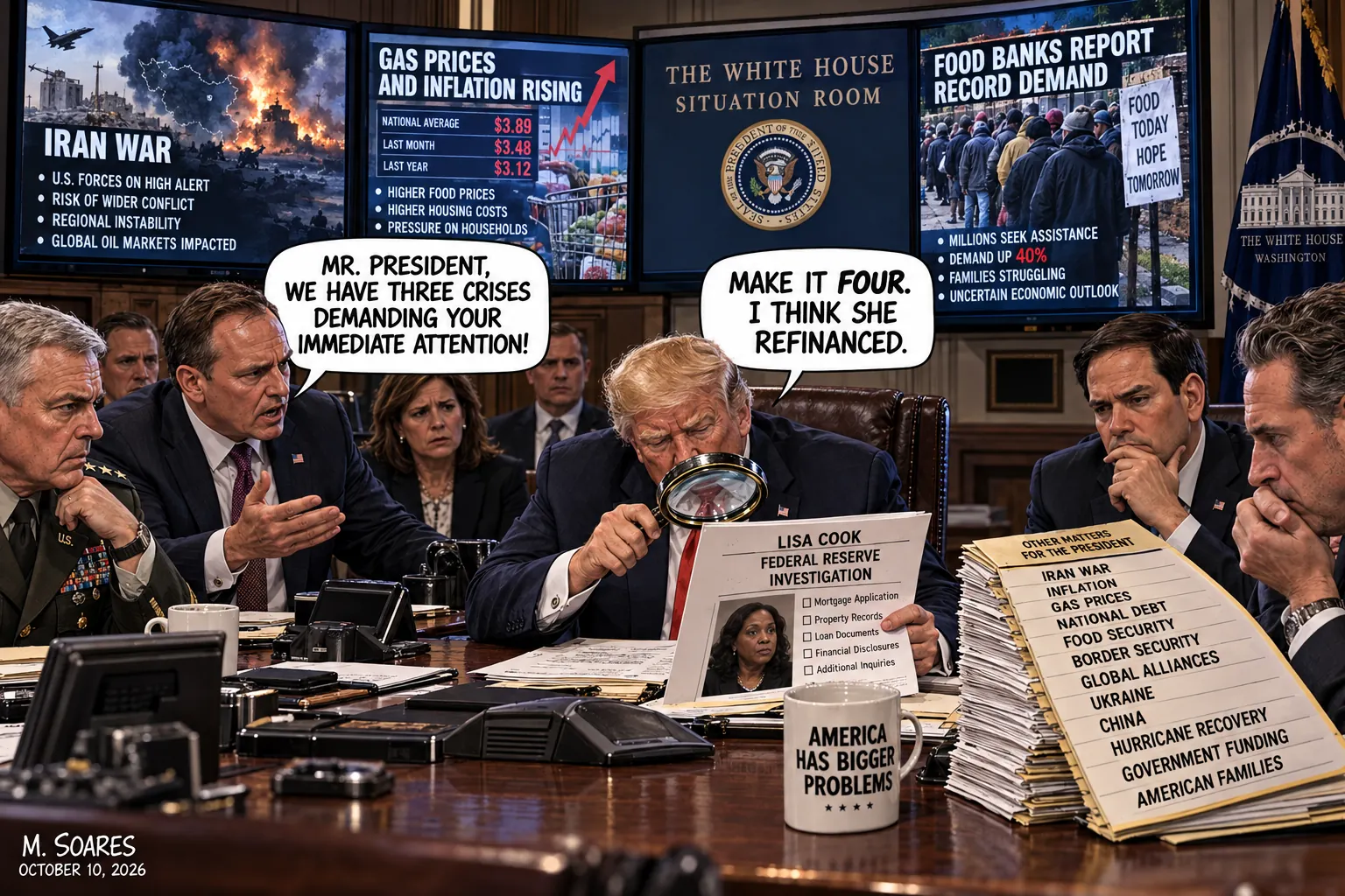 Trump examines Lisa Cook mortgage documents through a magnifying glass as an adviser warns of three national crises; Trump says Make it four, I think she refinanced.