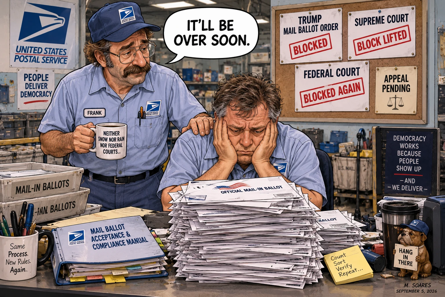 It’ll Be Over Soon — political cartoon by M. Soares