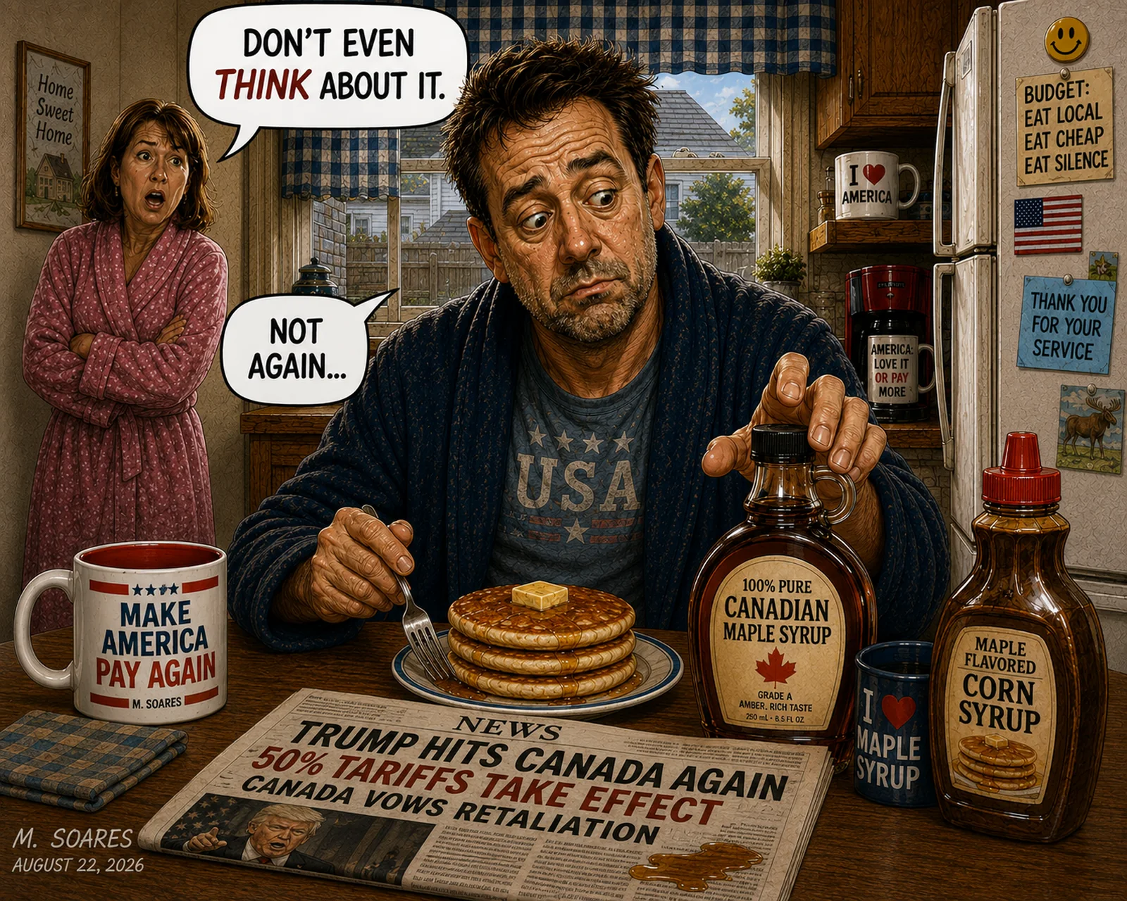 Editorial cartoon showing a husband reaching toward Canadian maple syrup while his wife says, “Don’t even think about it,” beside a newspaper reporting that Trump hits Canada again with 50% tariffs and Canada vows retaliation.